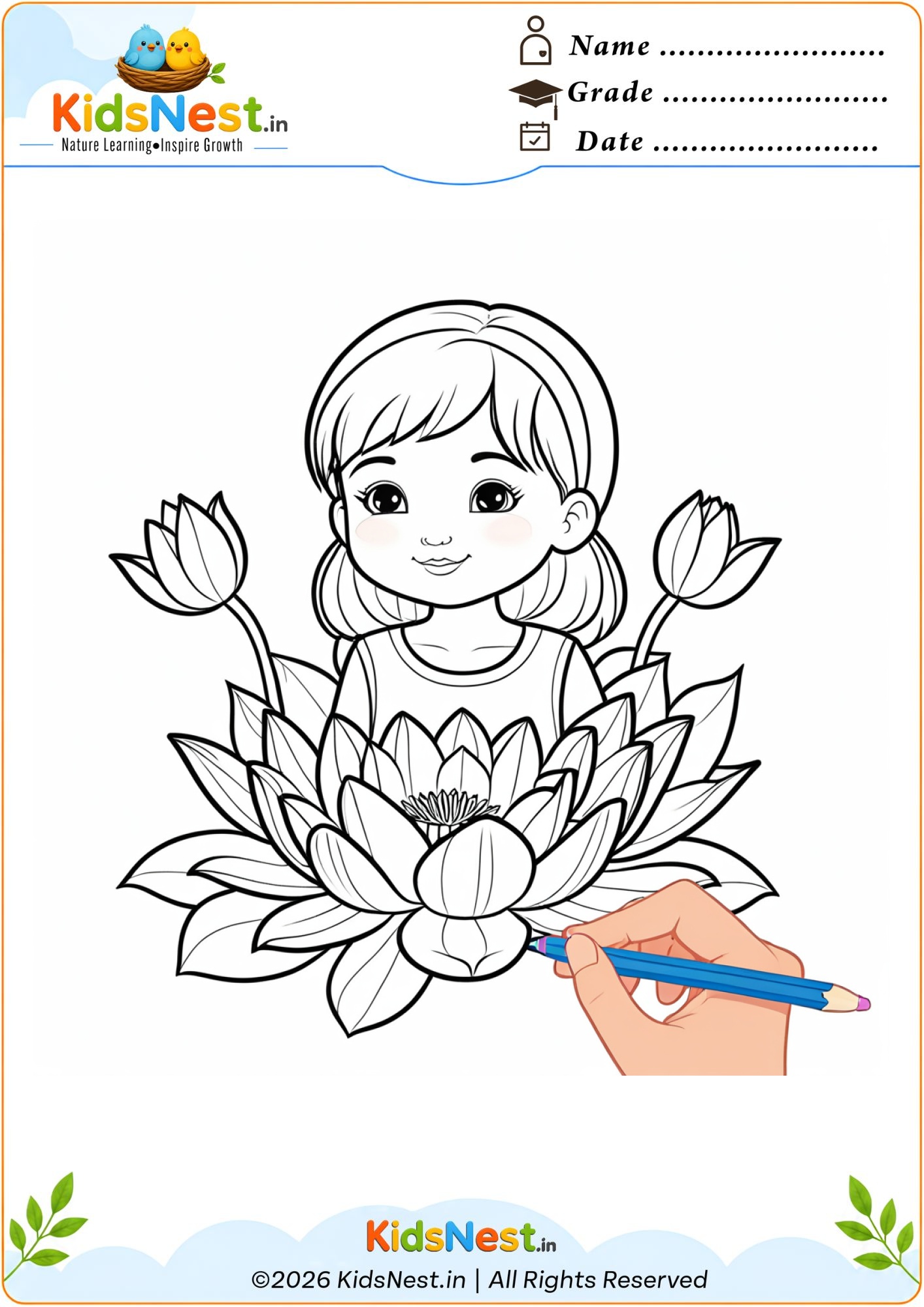 Girl with Lotus Flower Coloring Page | Printable for Kids