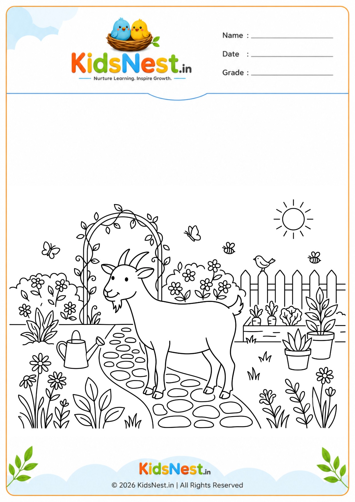 Goat in the Garden Coloring Worksheet | Free Printable for Kids