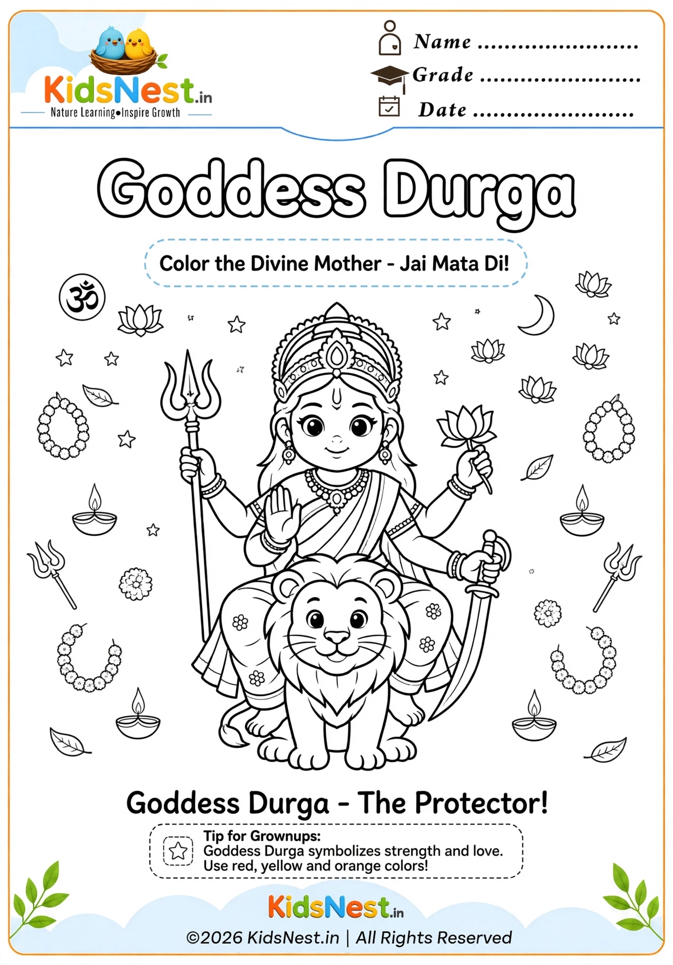 Goddess Durga Coloring Page for Kids | Free Printable PDF