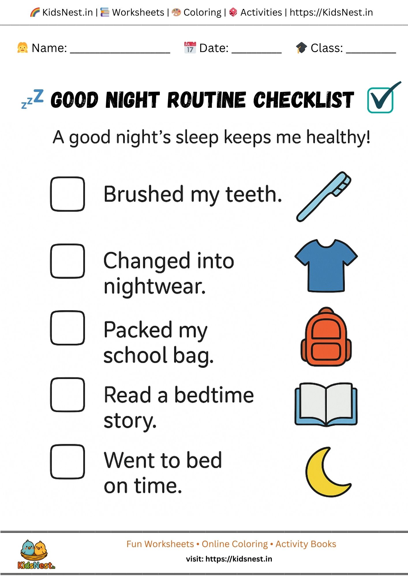 Printable Good Night Routine Worksheet for Kids | Download