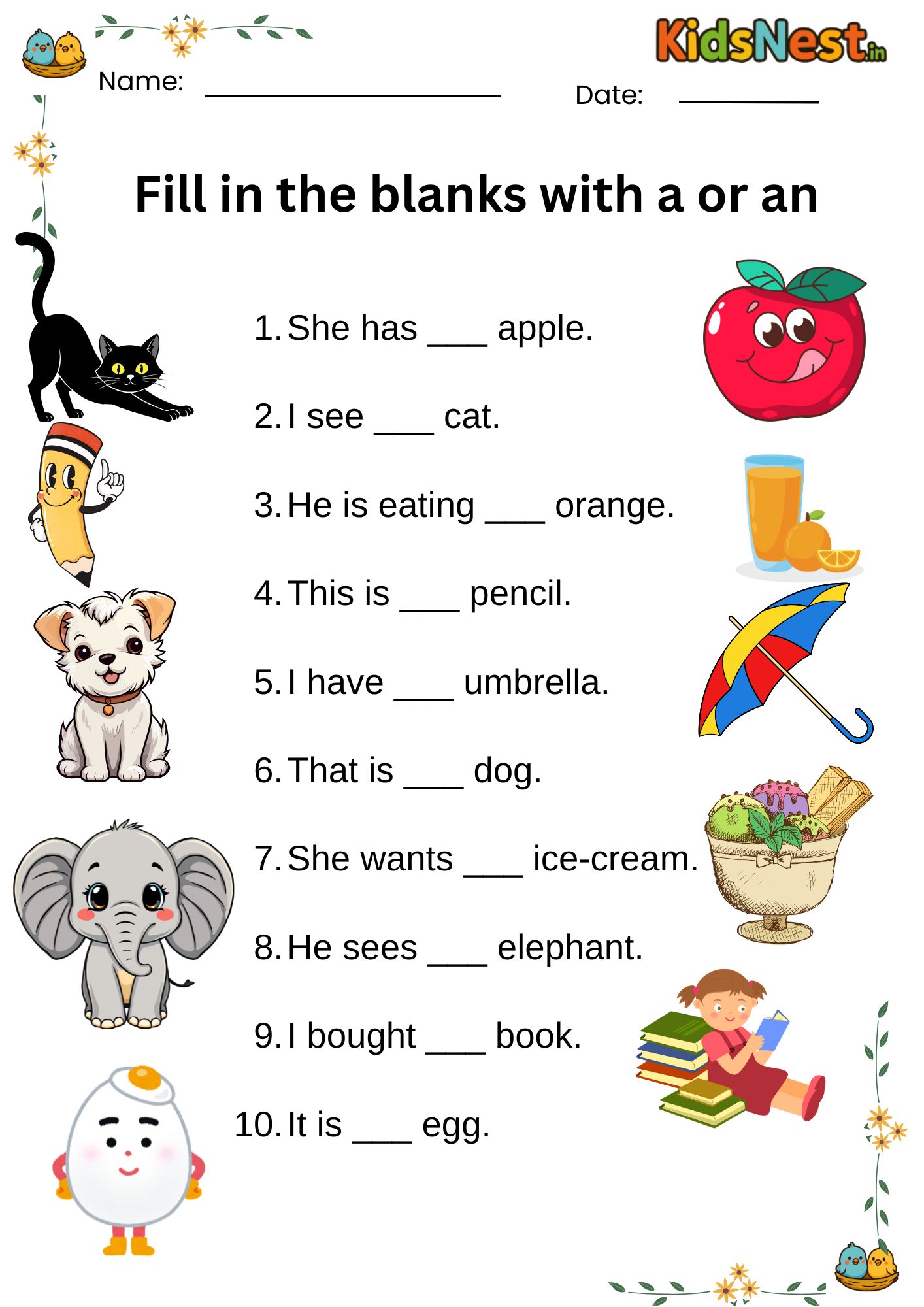 Grade 1 'a' or 'an' Worksheet | Printable English Grammar