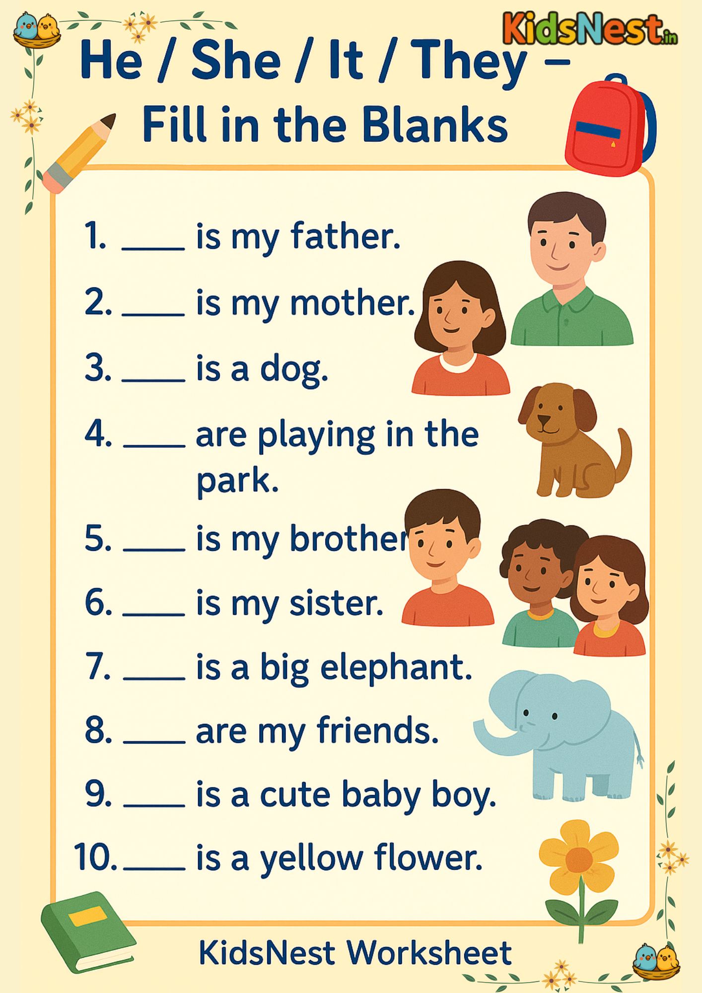 Printable Grade 1 Pronouns Worksheet: He, She, It, They