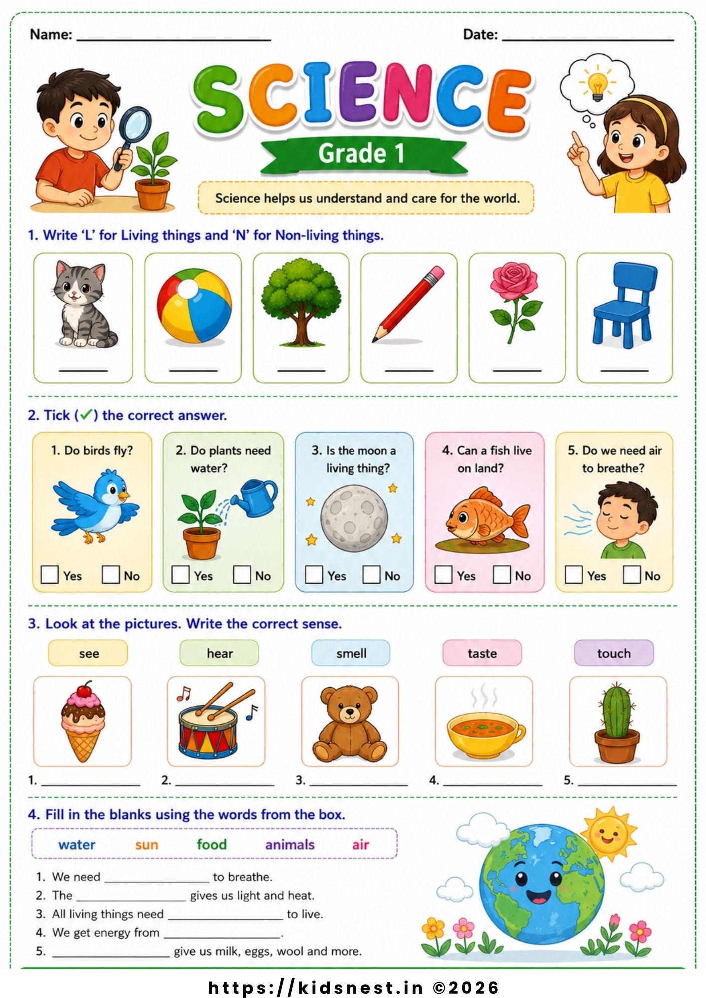 Grade 1 Science Worksheet: Living Things, Senses & Nature