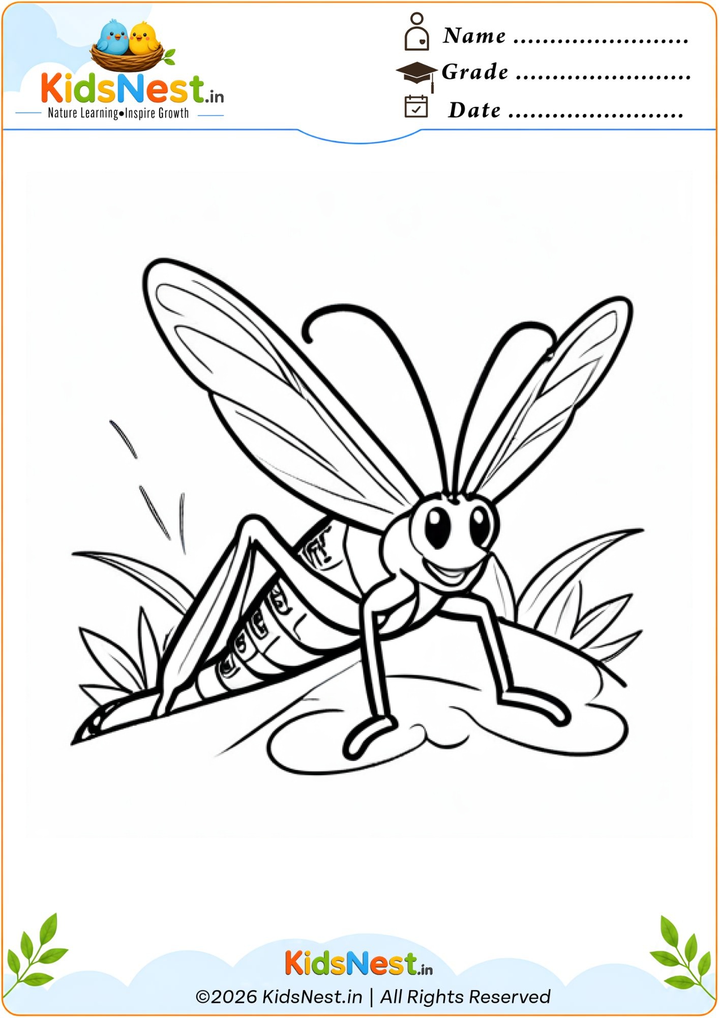 Grasshopper Coloring Worksheet for Kids | Free Printable PDF