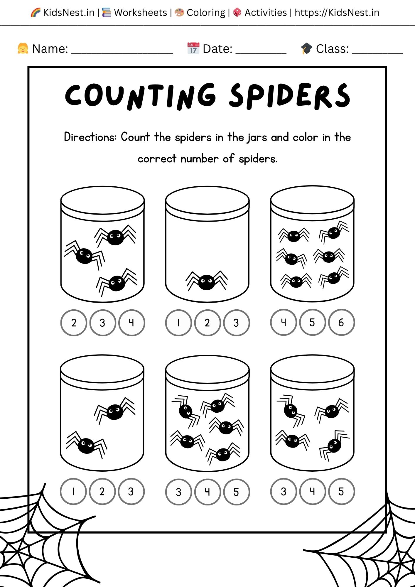 Printable Halloween Spider Counting Worksheet for Kids