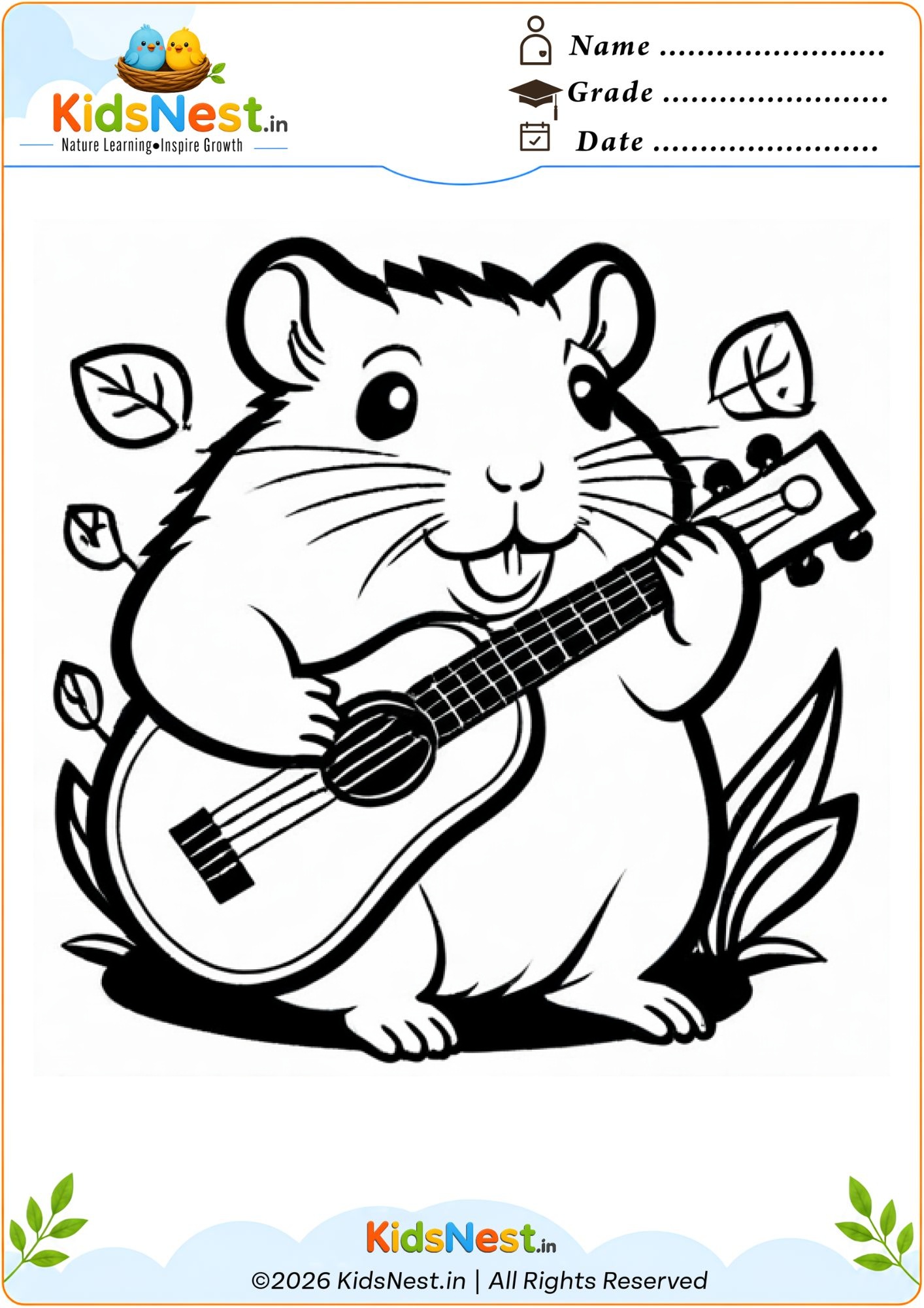 Cute Hamster Playing Guitar Coloring Page for Kids