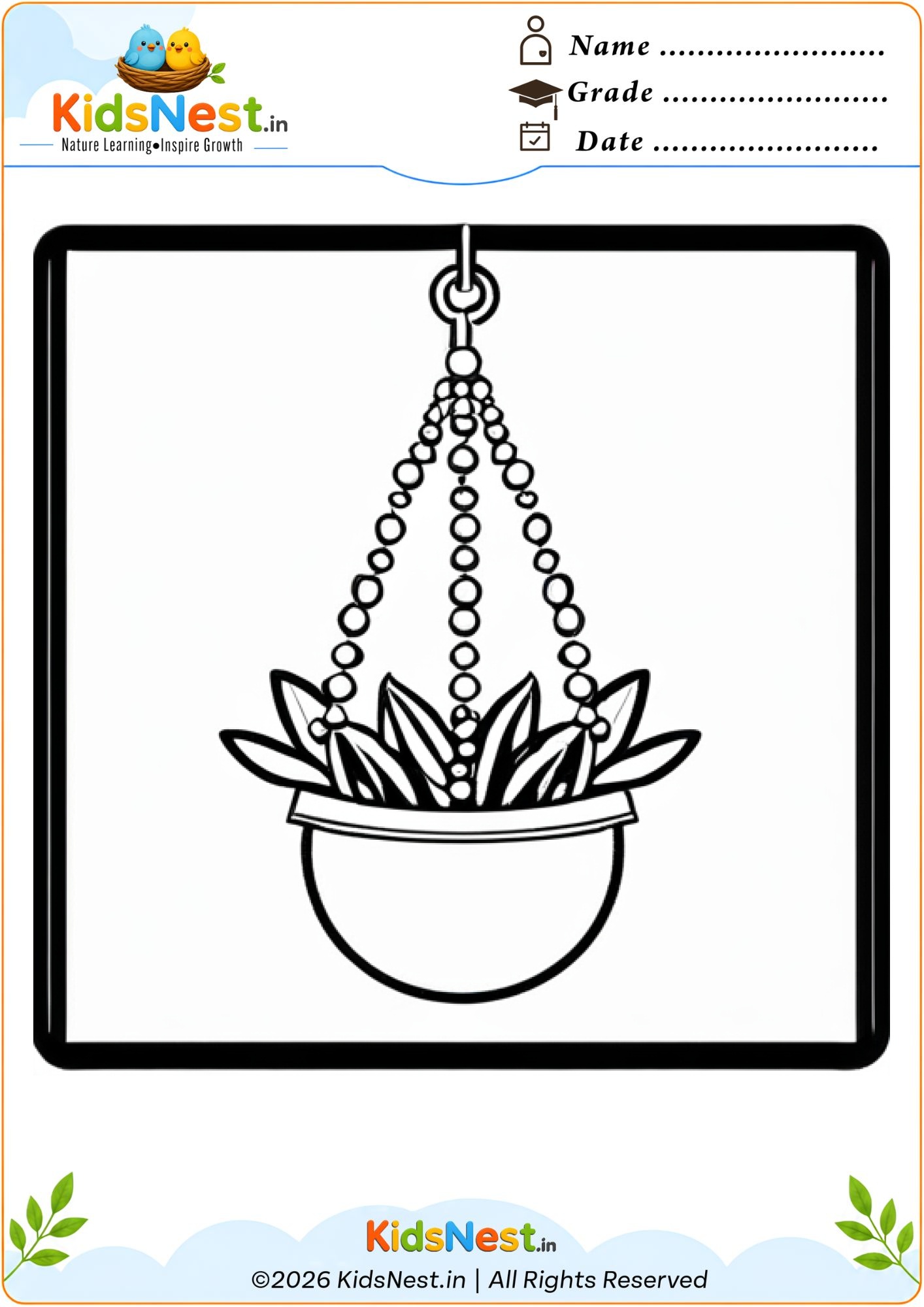 Free Hanging Flower Pot Coloring Worksheet | Printable for Kids