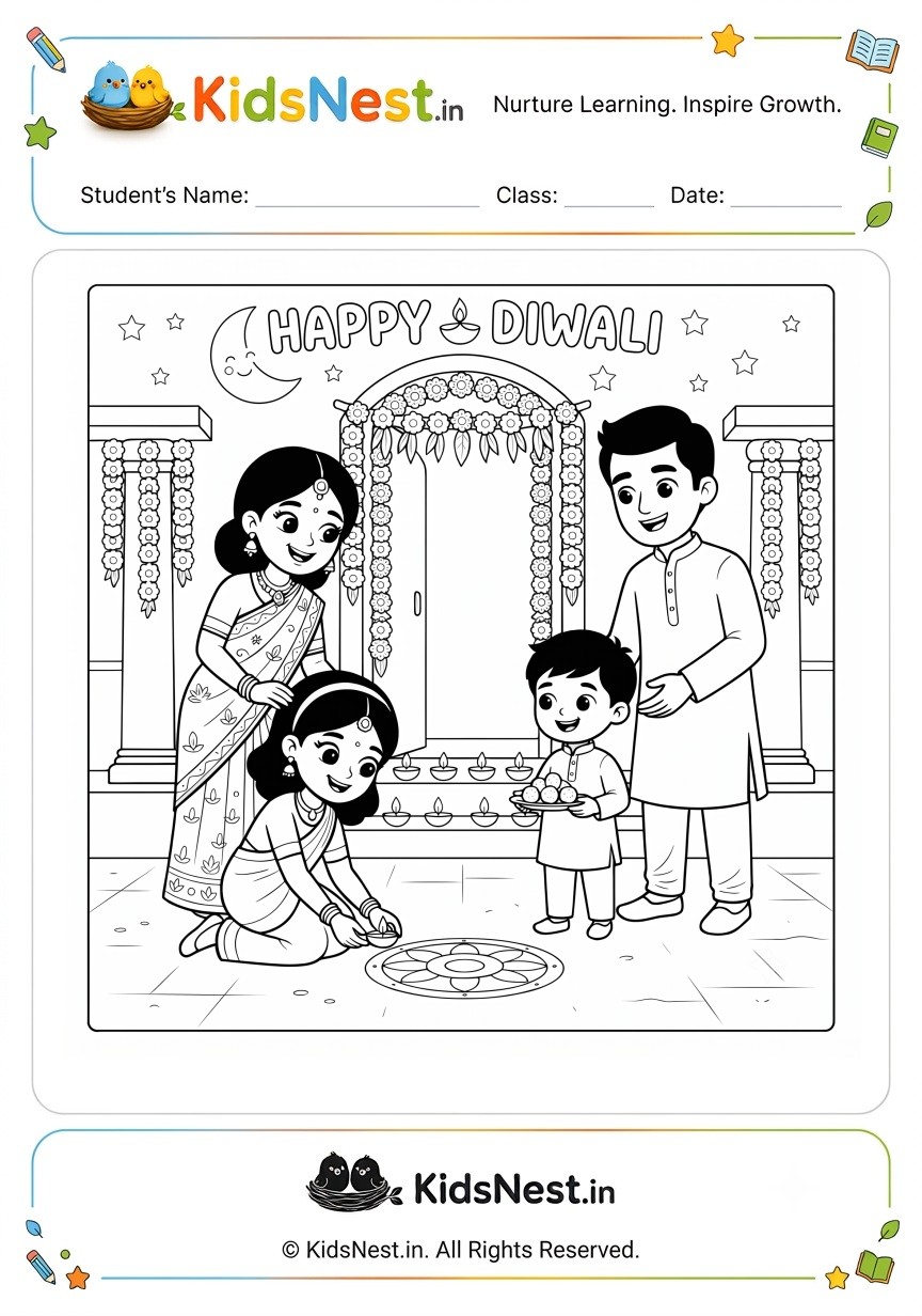 Happy Diwali Family Celebration Coloring Page for Kids