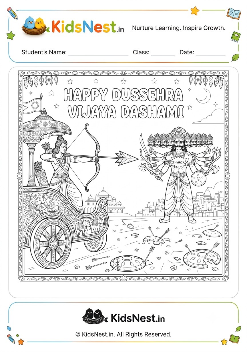Happy Dussehra Coloring Page for Kids | Free Printable PDF