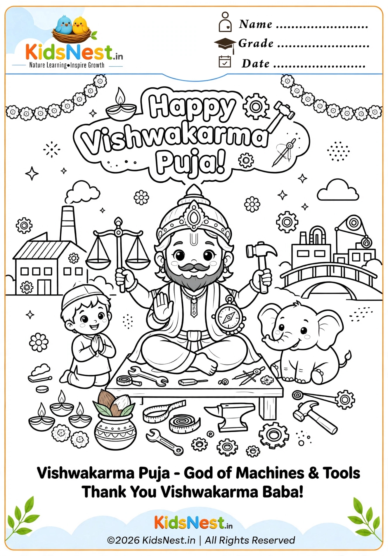 Happy Vishwakarma Puja Coloring Page for Kids | Free Printable