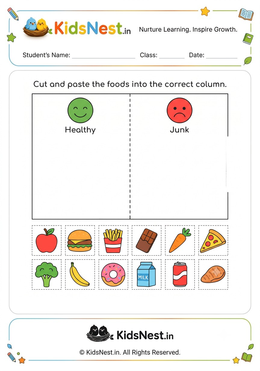 Healthy vs. Junk Food Sorting Worksheet | Printable Activity