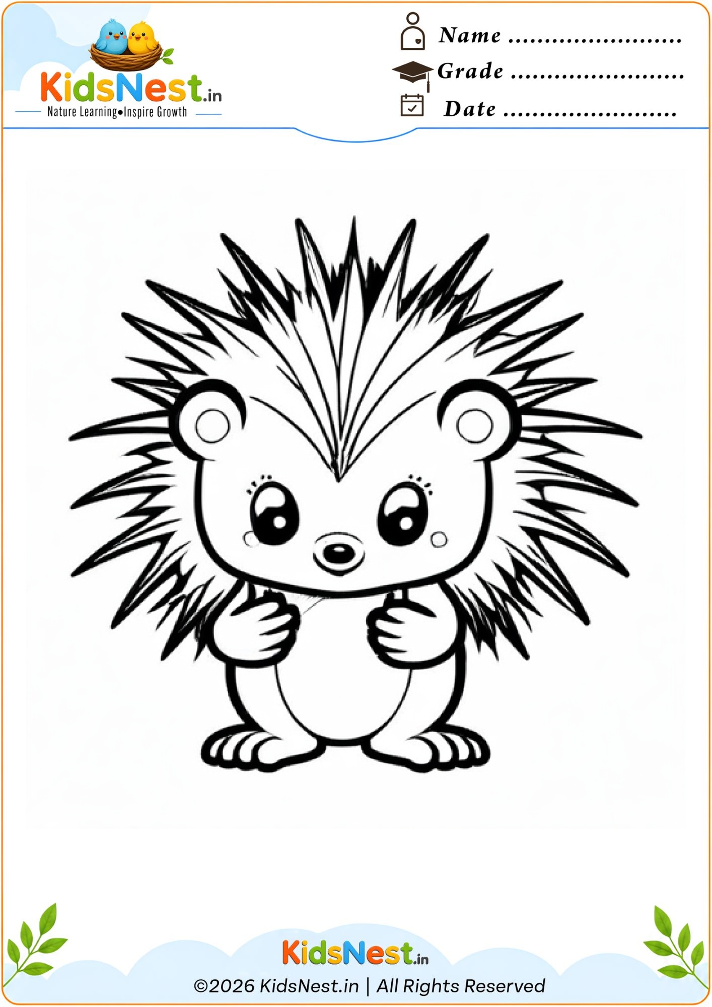 Free Printable Hedgehog Coloring Worksheet for Kids