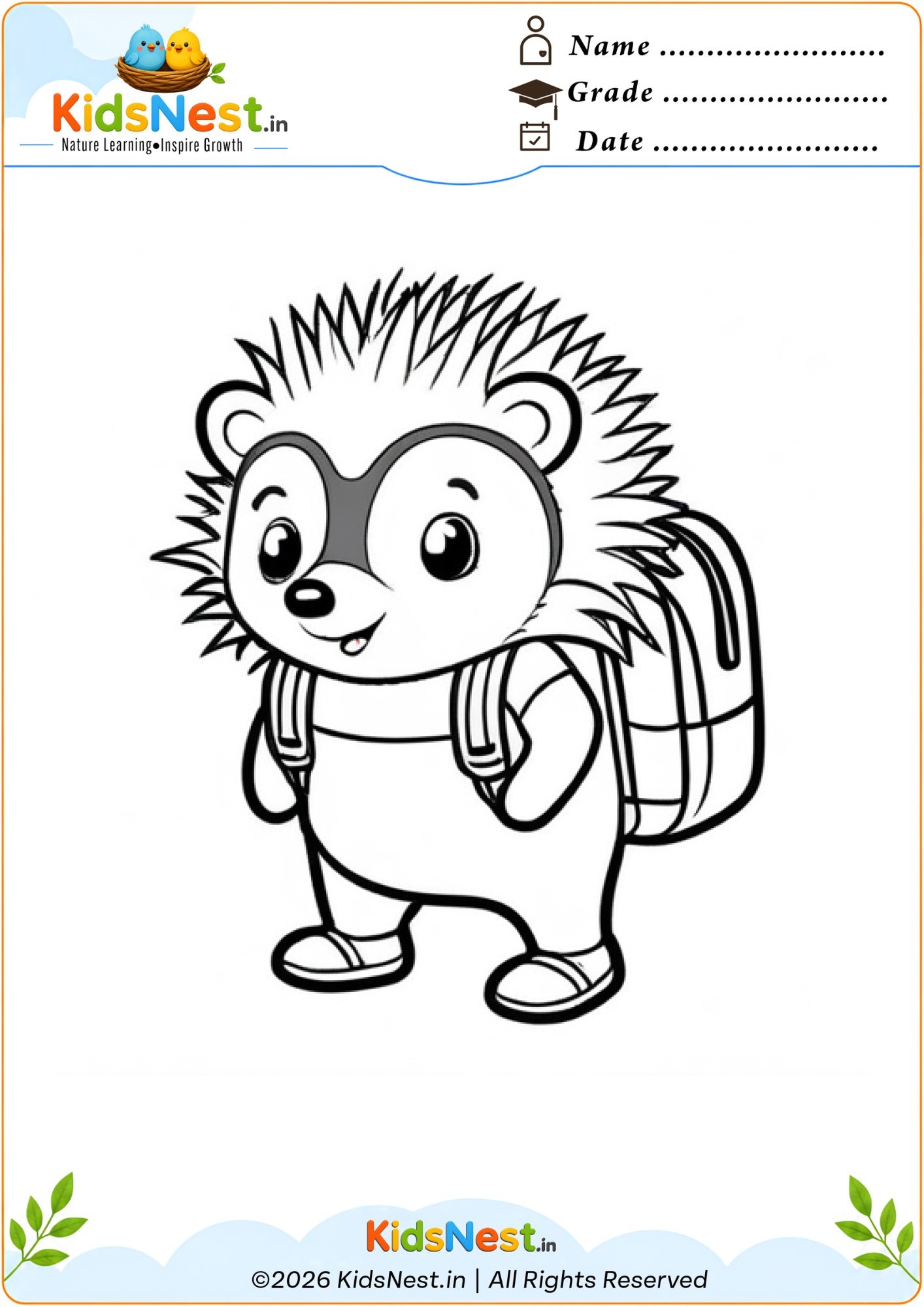 Printable Hedgehog with Backpack Coloring Worksheet for Kids