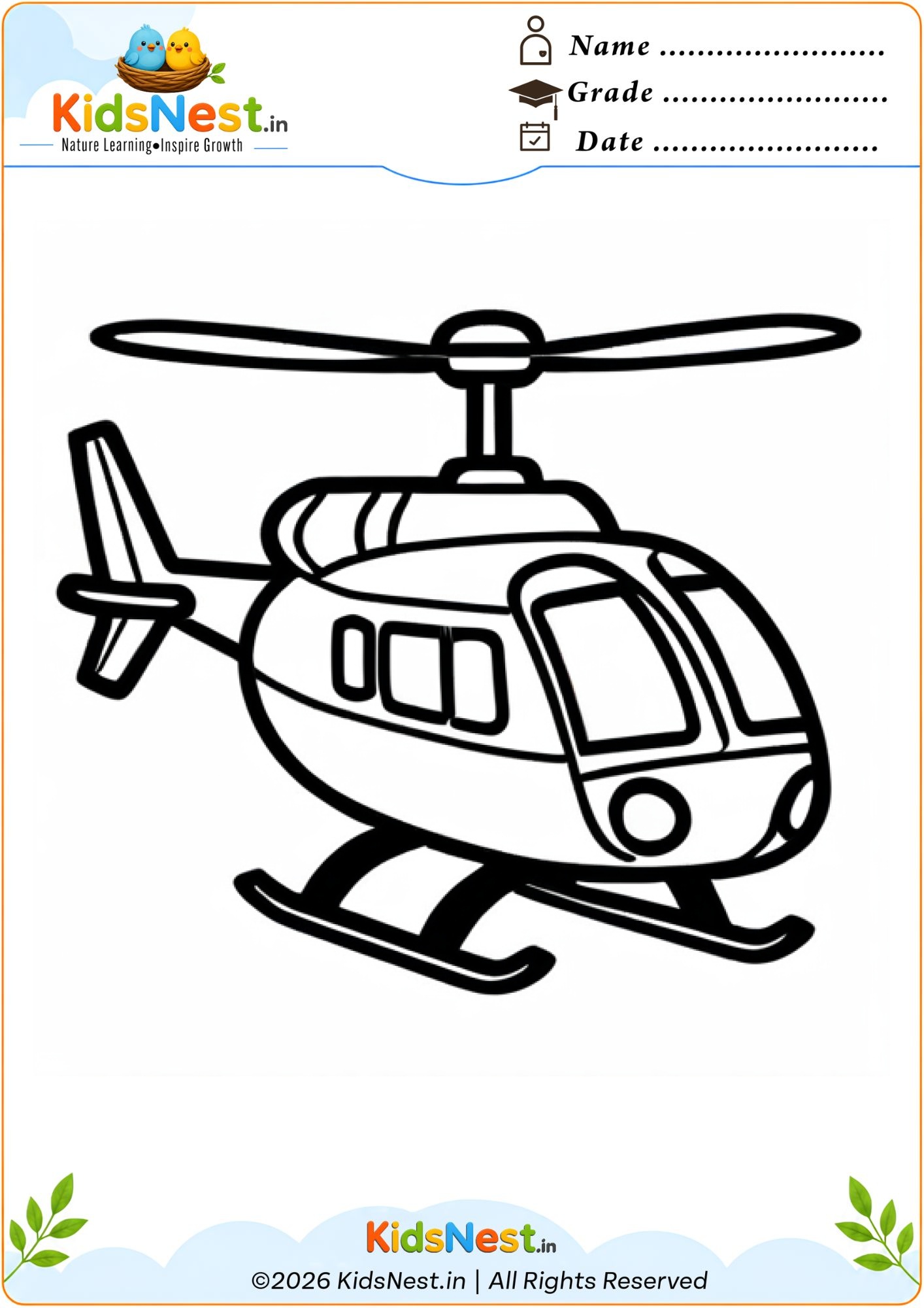 Helicopter Coloring Worksheet for Kids | Free Printable PDF