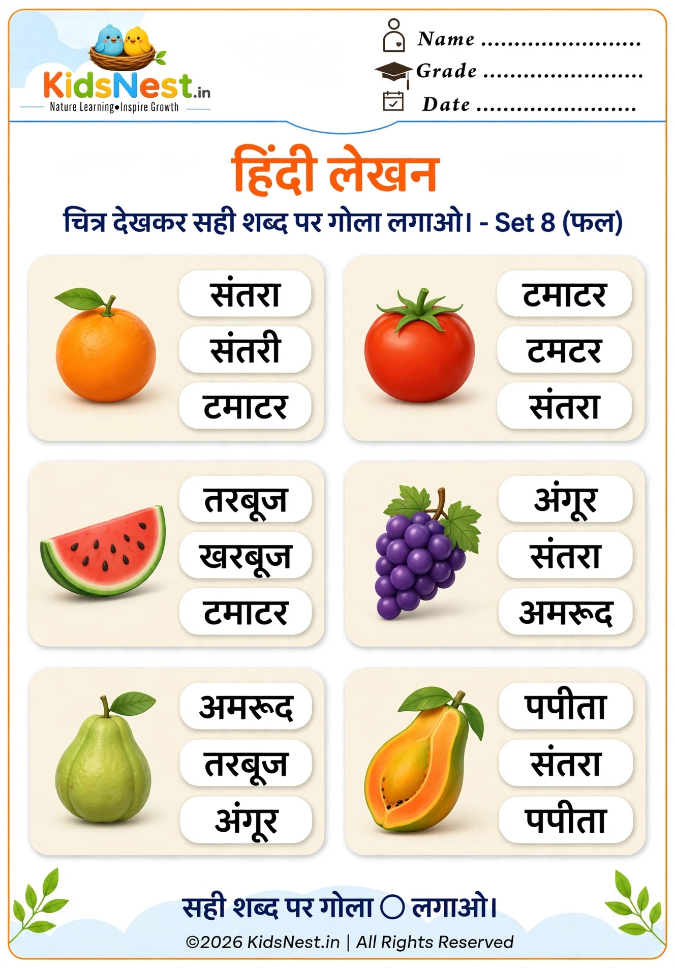 Hindi Fruit Vocabulary Worksheet for Kids | Printable PDF
