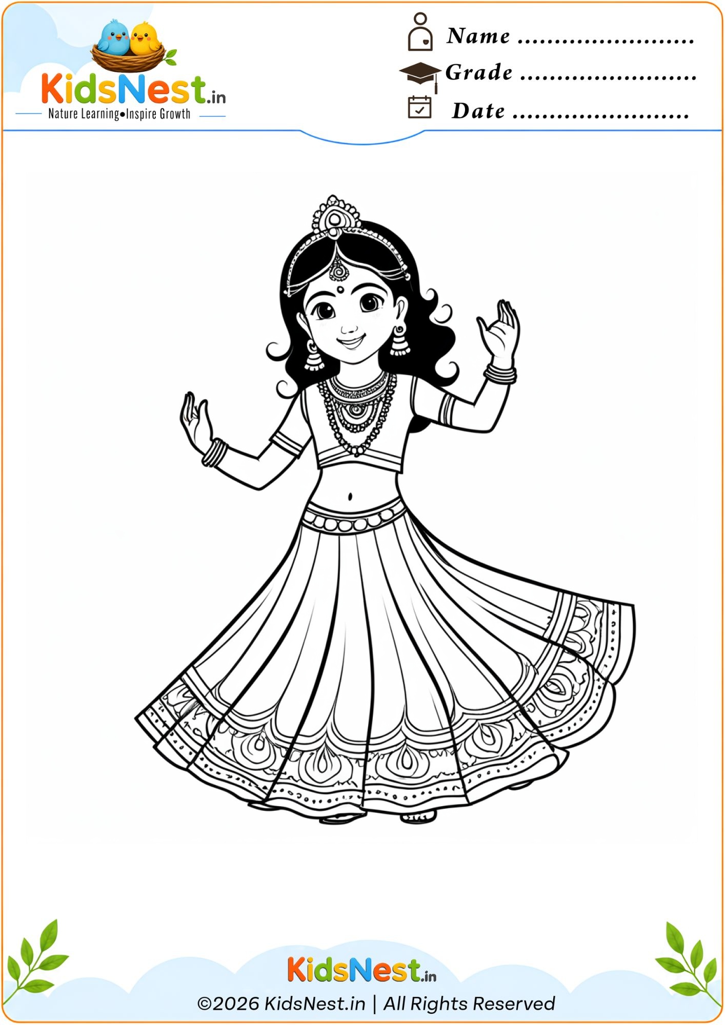Indian Girl Dancing Coloring Page for Kids | Printable PDF