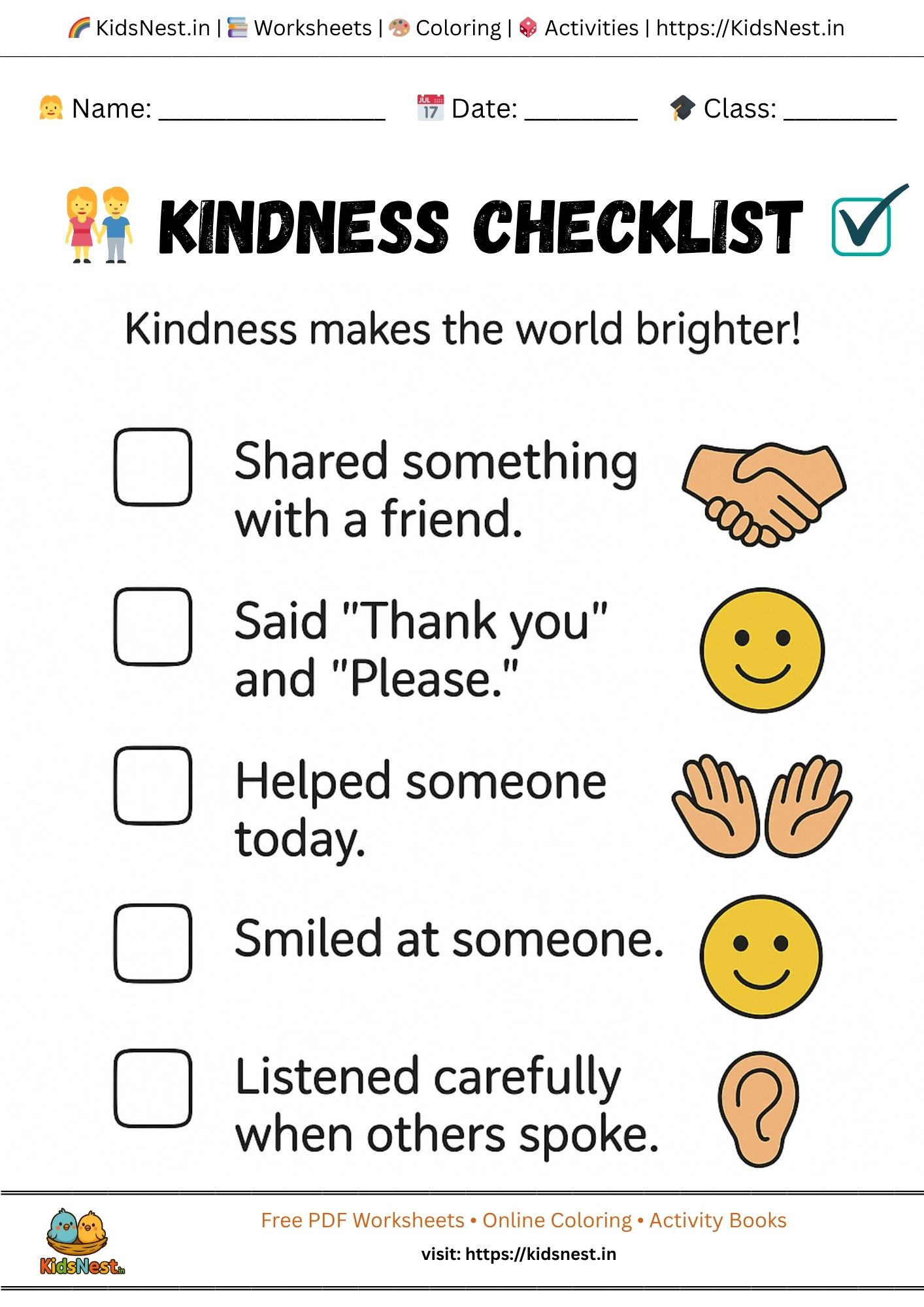 Kindness Checklist Worksheet for Kids | Printable Activity