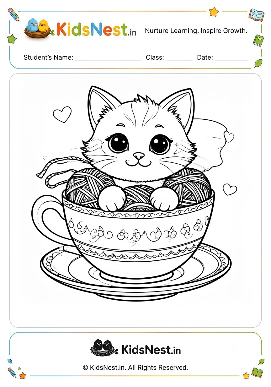 Printable Kitten in a Teacup Coloring Page for Kids