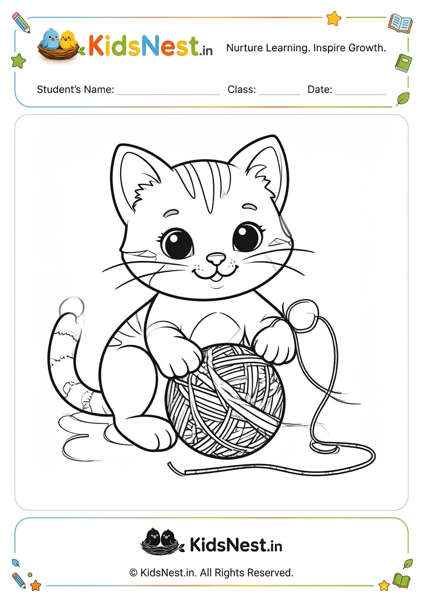 Printable Kitten with Yarn Coloring Worksheet for Kids