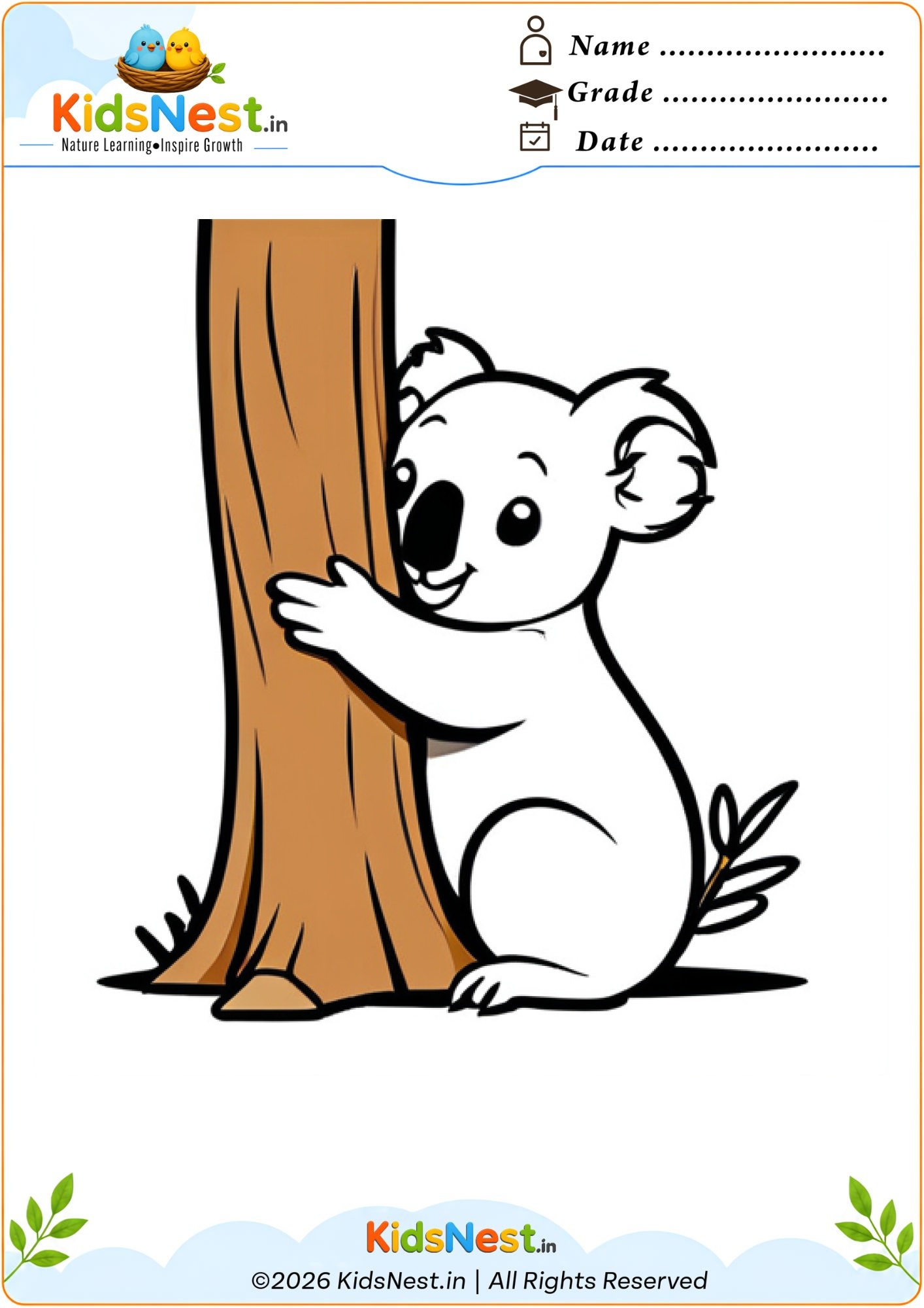 Koala Climbing Tree Coloring Worksheet | Free Printable for Kids