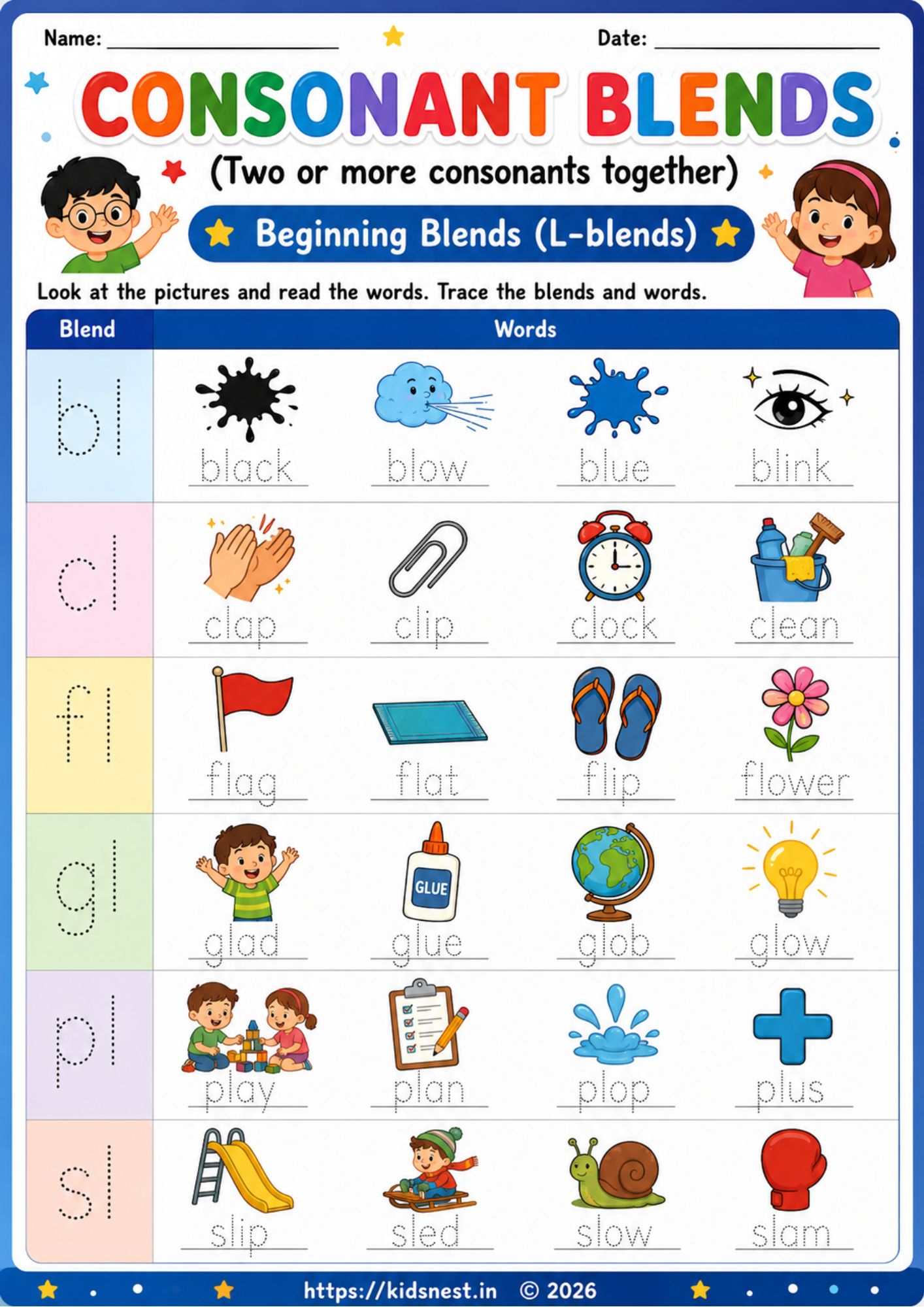 L-Blends Phonics Worksheet Printable for Kids | Free PDF