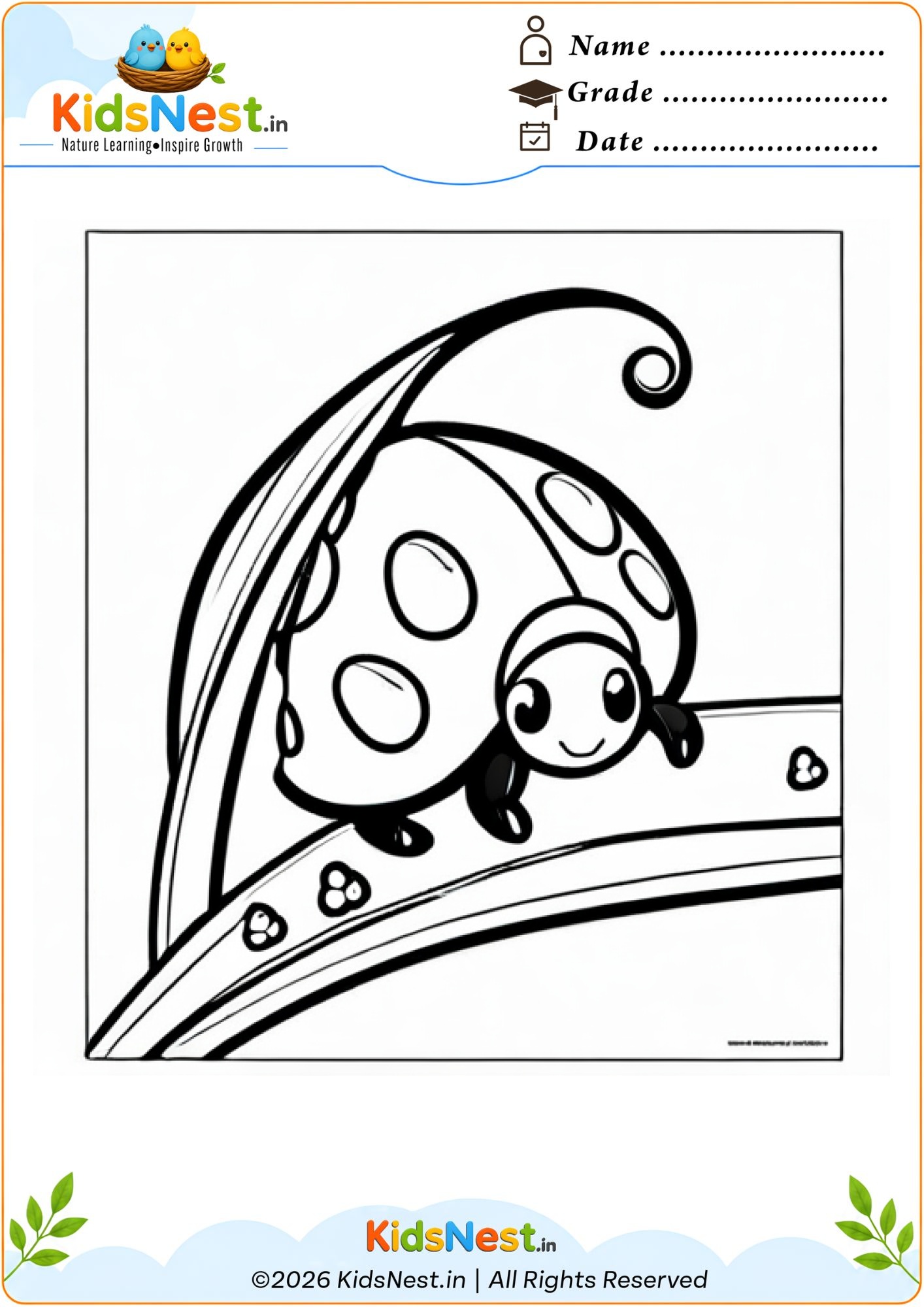 Printable Ladybug on a Leaf Coloring Worksheet for Kids