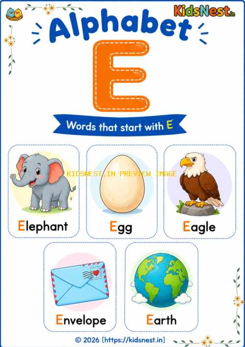 Letter E Vocabulary Chart: Printable Alphabet Worksheet for Kids
