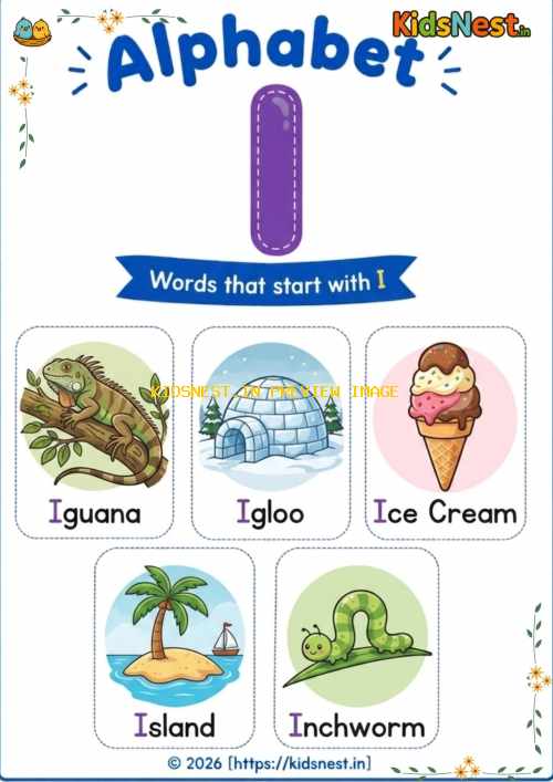 Letter I Vocabulary Chart for Kids | Printable Learning Sheet