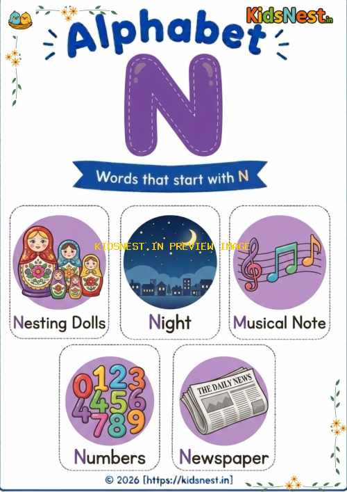 Letter N Vocabulary Chart: Printable Alphabet Worksheet for Kids