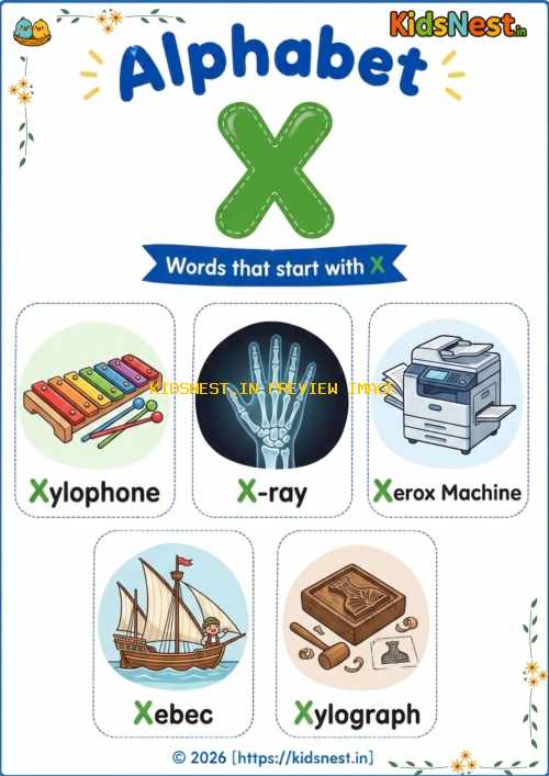 Letter X Vocabulary Chart for Kids | Printable Learning Sheet