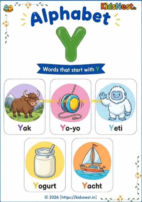 Letter Y Vocabulary Chart for Kids | Printable Learning Sheet