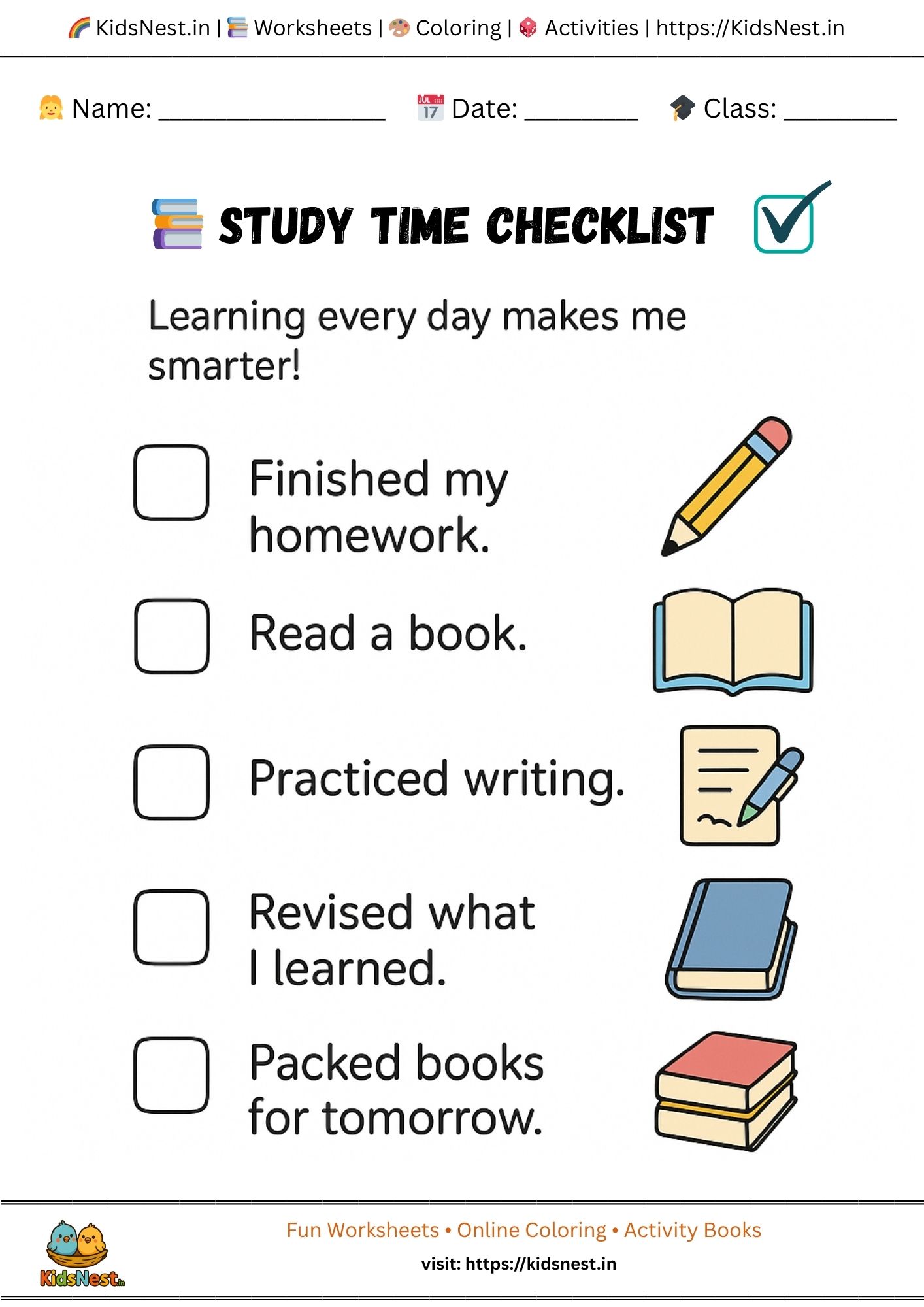 Printable Study Time Checklist for Kids | Life Skill Worksheet