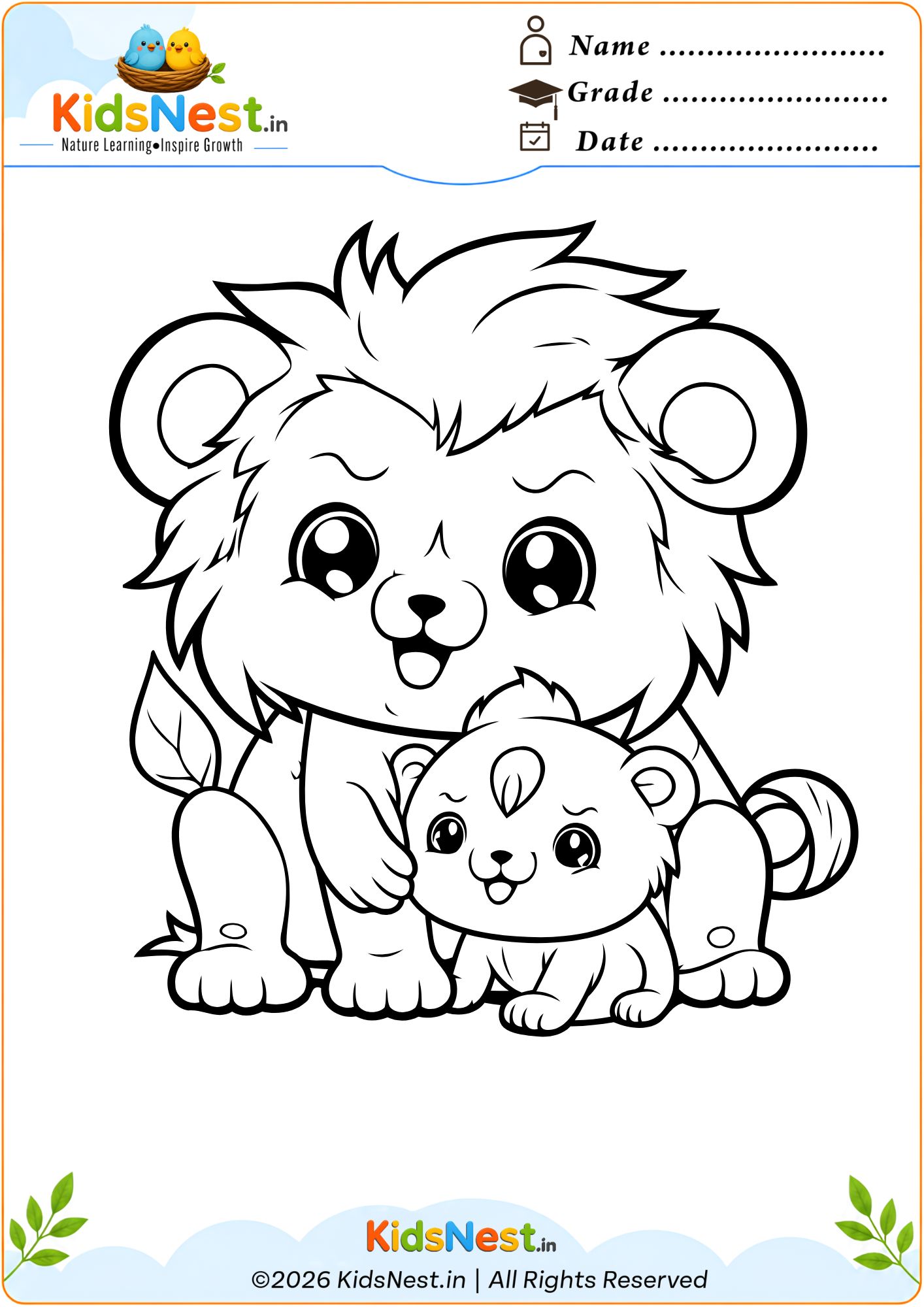 Free Printable Lion and Cub Coloring Worksheet for Kids