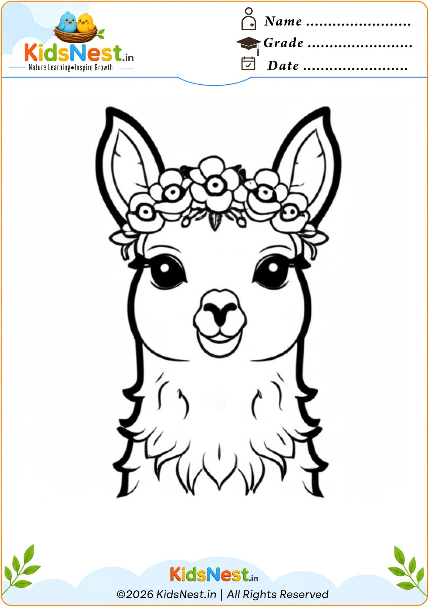 Printable Llama with Flower Crown Coloring Page for Kids