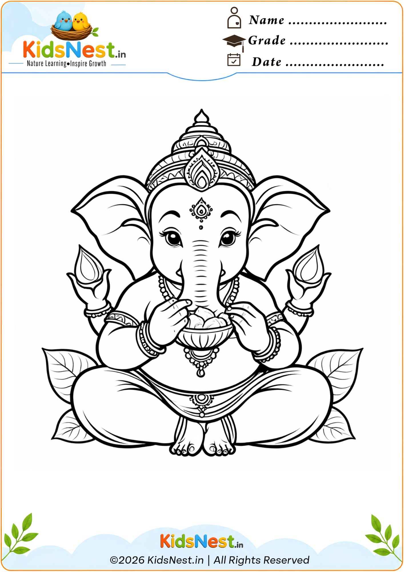 Lord Ganesha Eating Modak Coloring Page for Kids | Printable