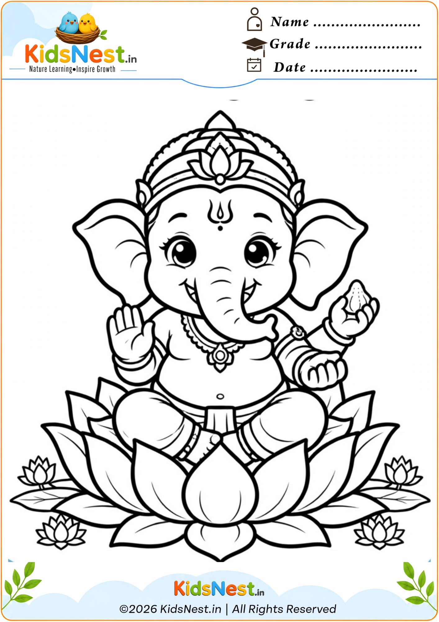 Lord Ganesha Lotus Coloring Page for Kids | Free Printable