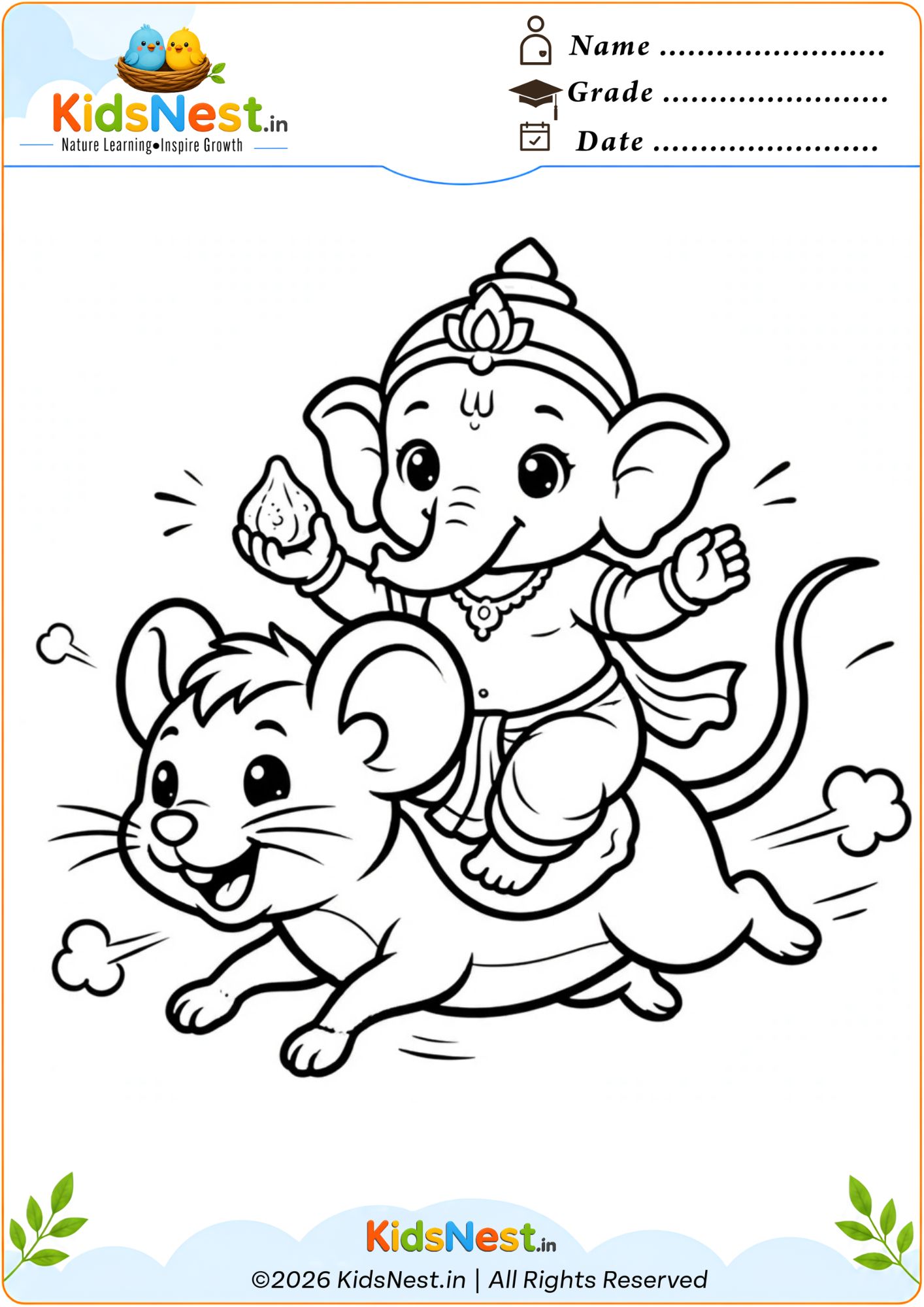 Lord Ganesha Riding Mouse Coloring Page | Printable for Kids