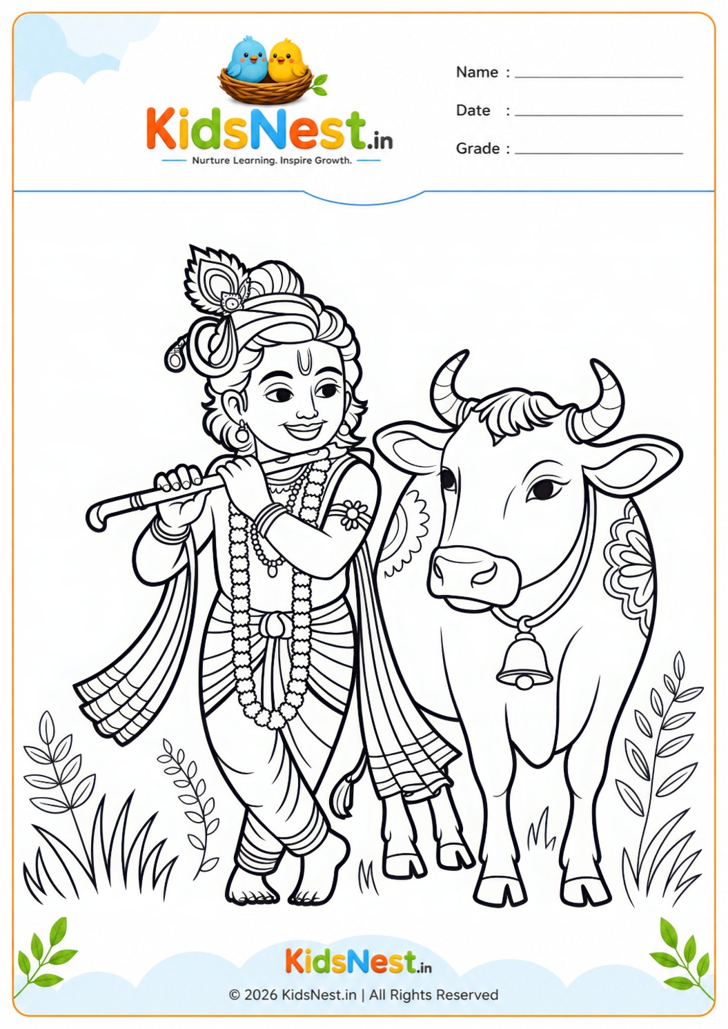 Lord Krishna and Cow Coloring Page for Kids | Free Printable