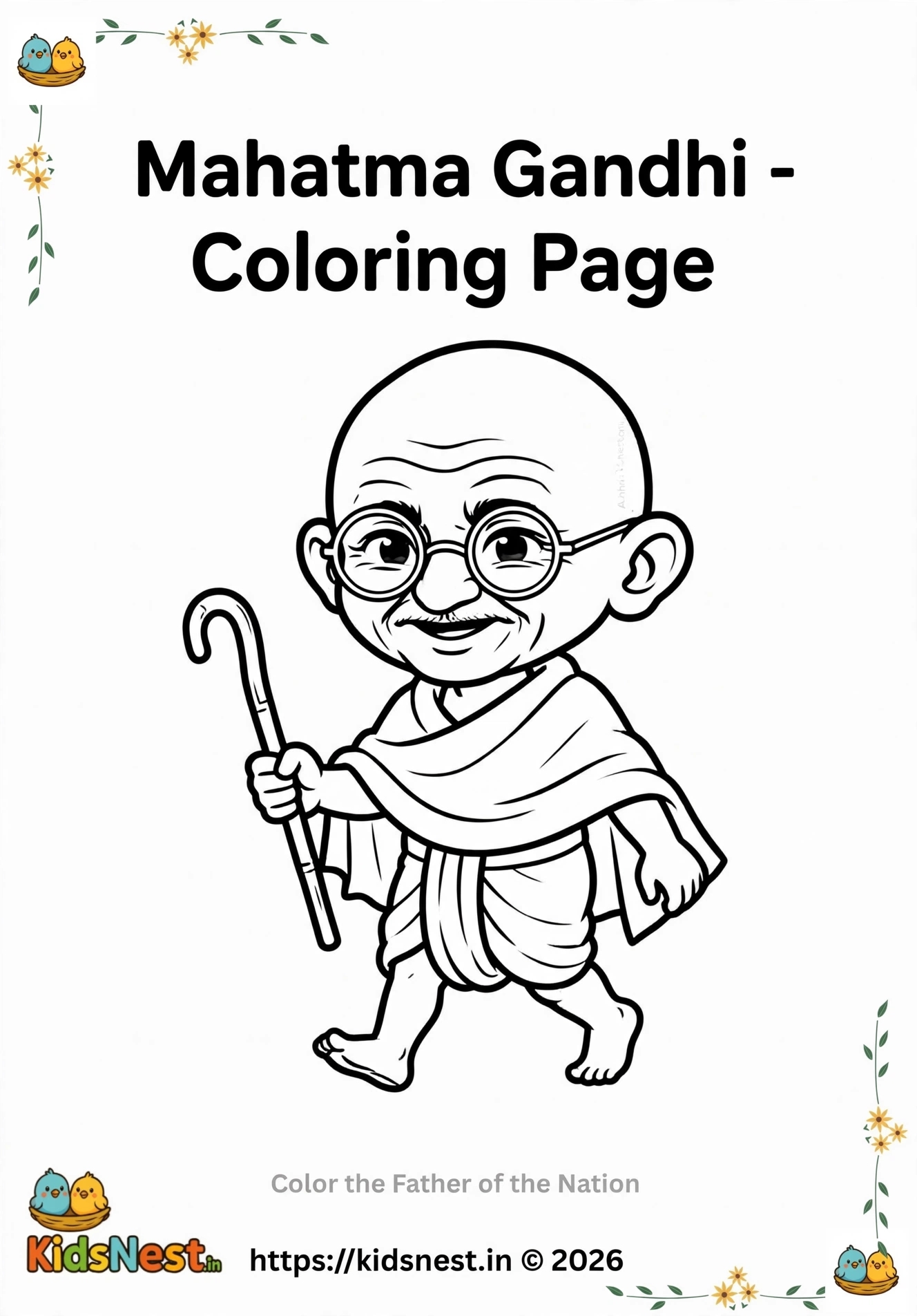 Mahatma Gandhi Coloring Page for Kids | Free Printable PDF