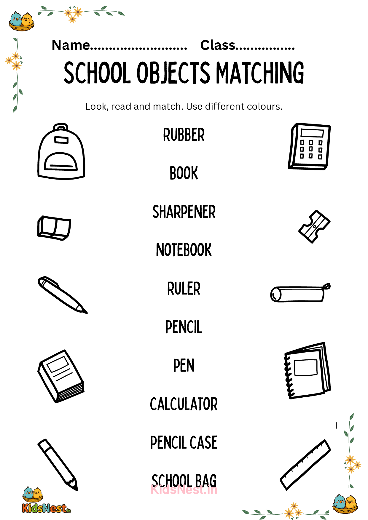 Match School Objects Printable Worksheet for Kids