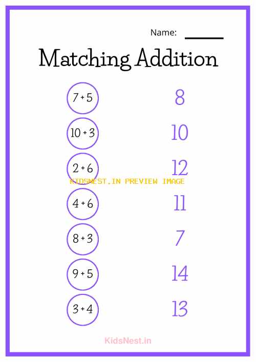 Matching Addition Worksheet | Printable Math Activity for Kids