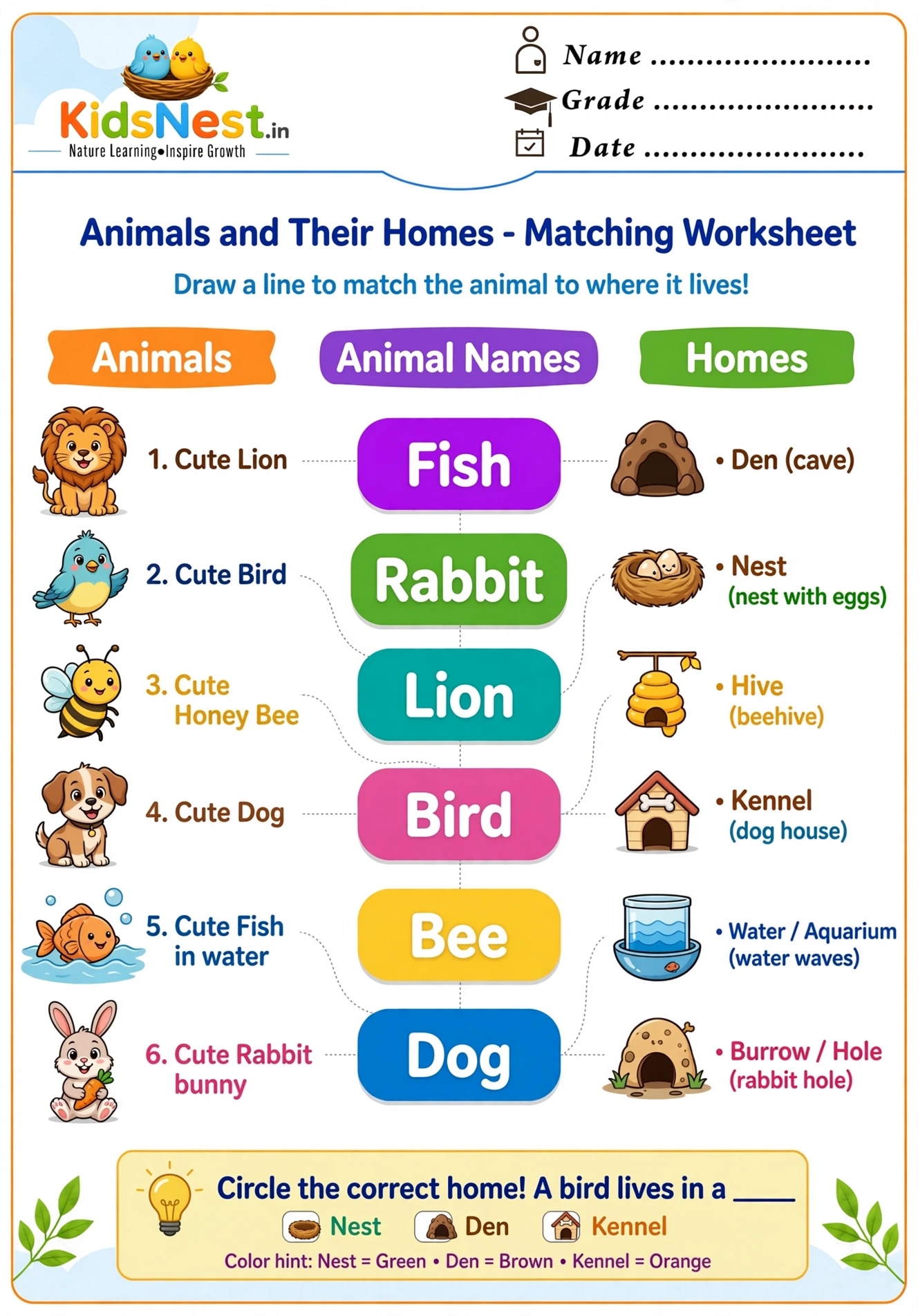 Matching Worksheet: Animals and Their Homes | Printable for Kids