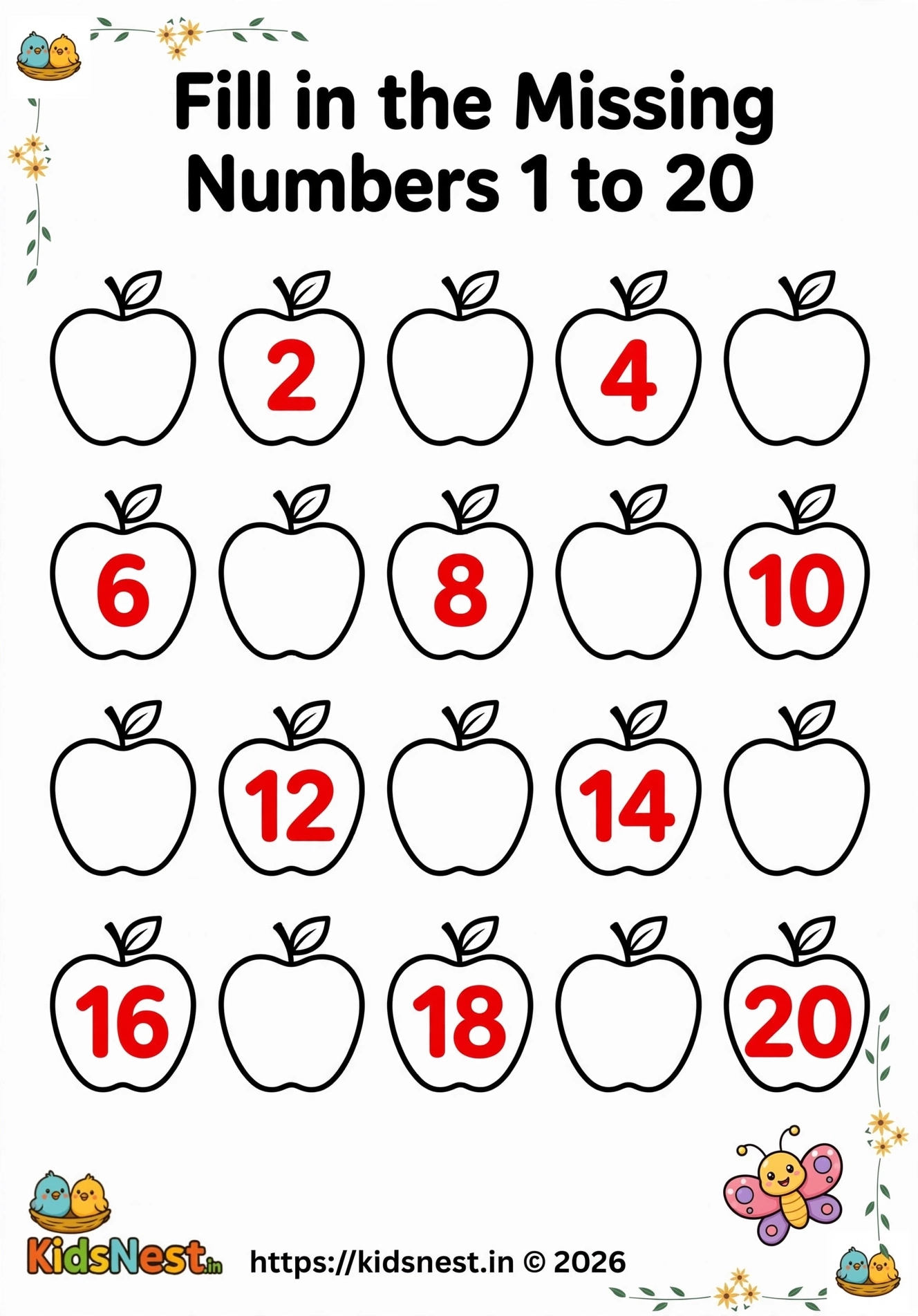 Math Fill in the Missing Numbers 1 to 20 | Free Printable