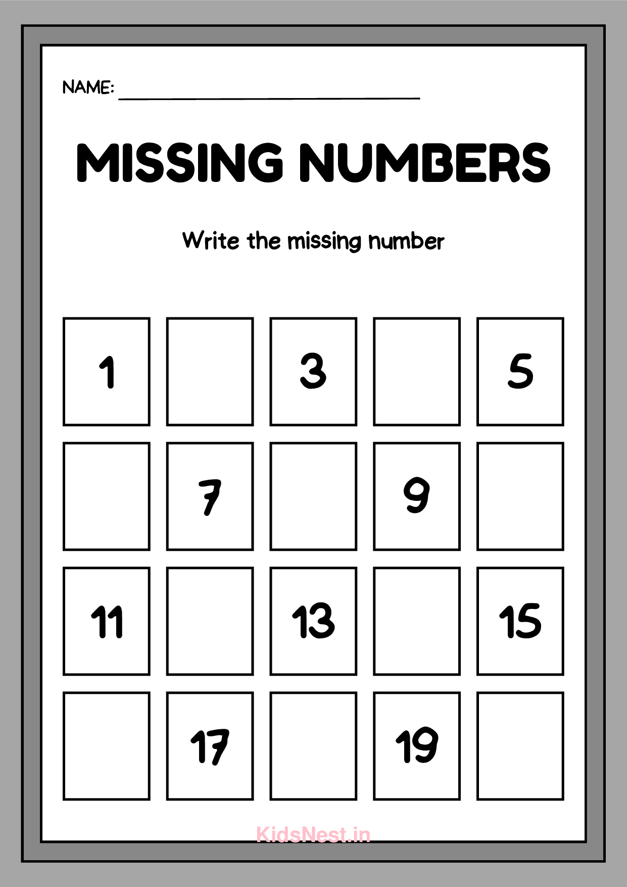 Missing Numbers 1-20 Math Worksheet | Printable for Kids
