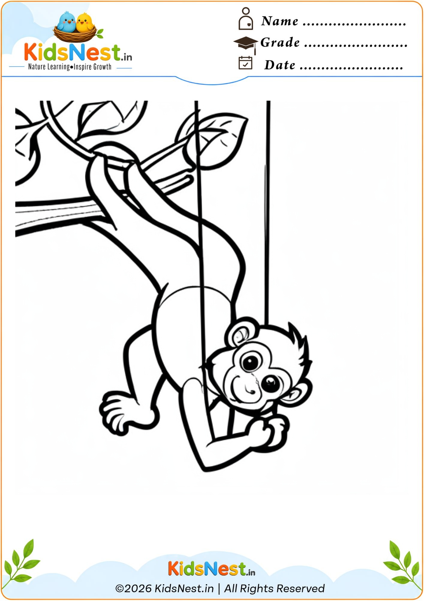 Monkey Hanging from Branch Coloring Worksheet for Kids