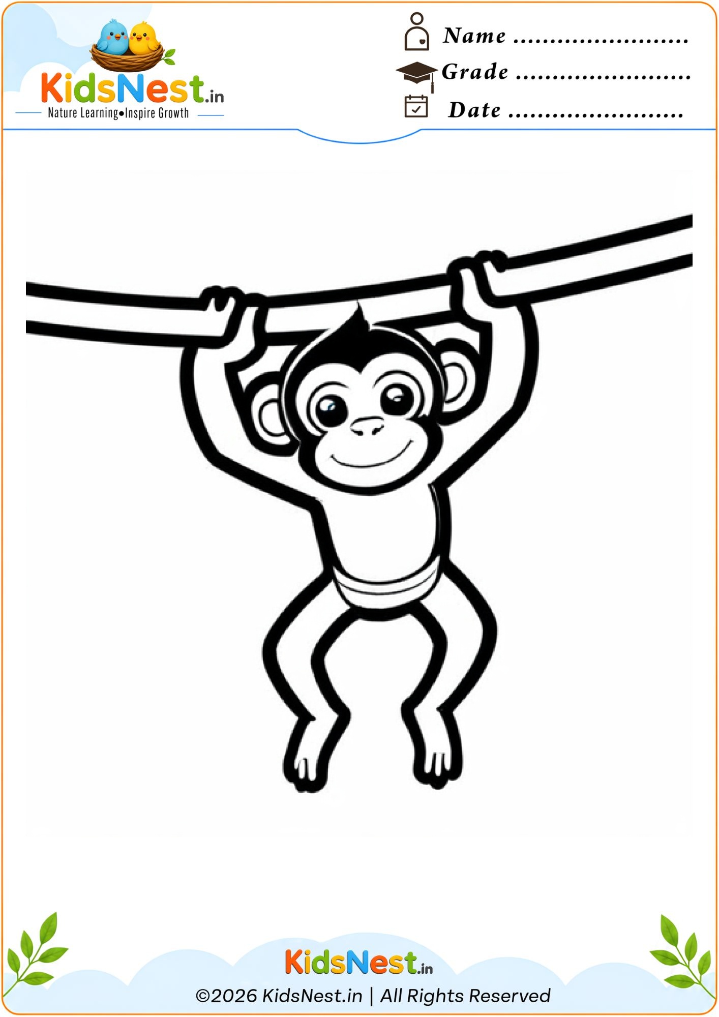 Monkey Hanging on Vine Coloring Worksheet for Kids | Printable
