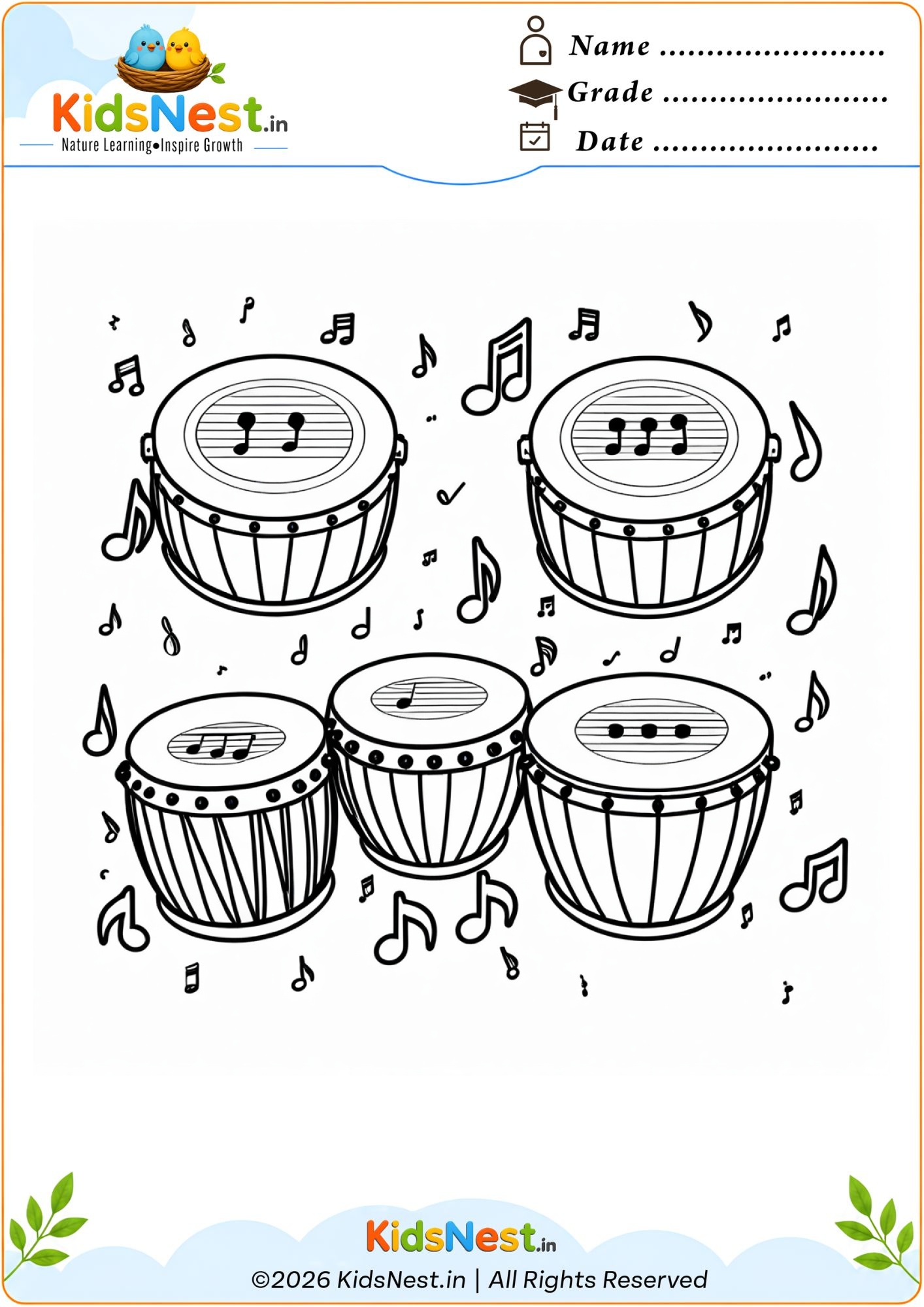 Printable Tabla Drums Coloring Page for Kids | Music Worksheet