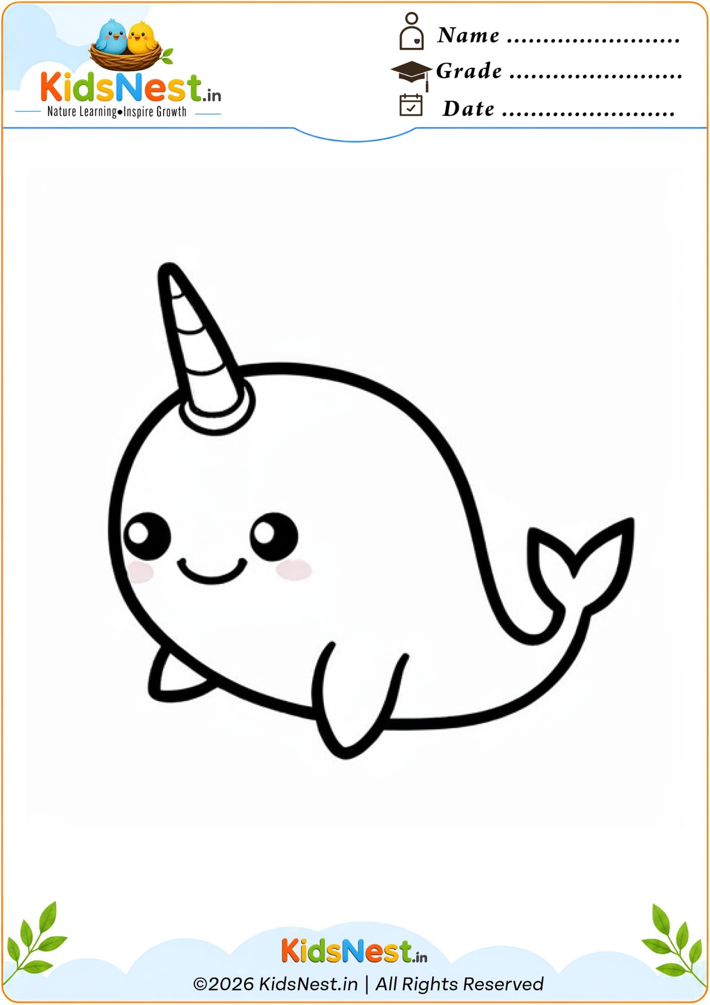 Free Printable Narwhal Coloring Worksheet for Kids