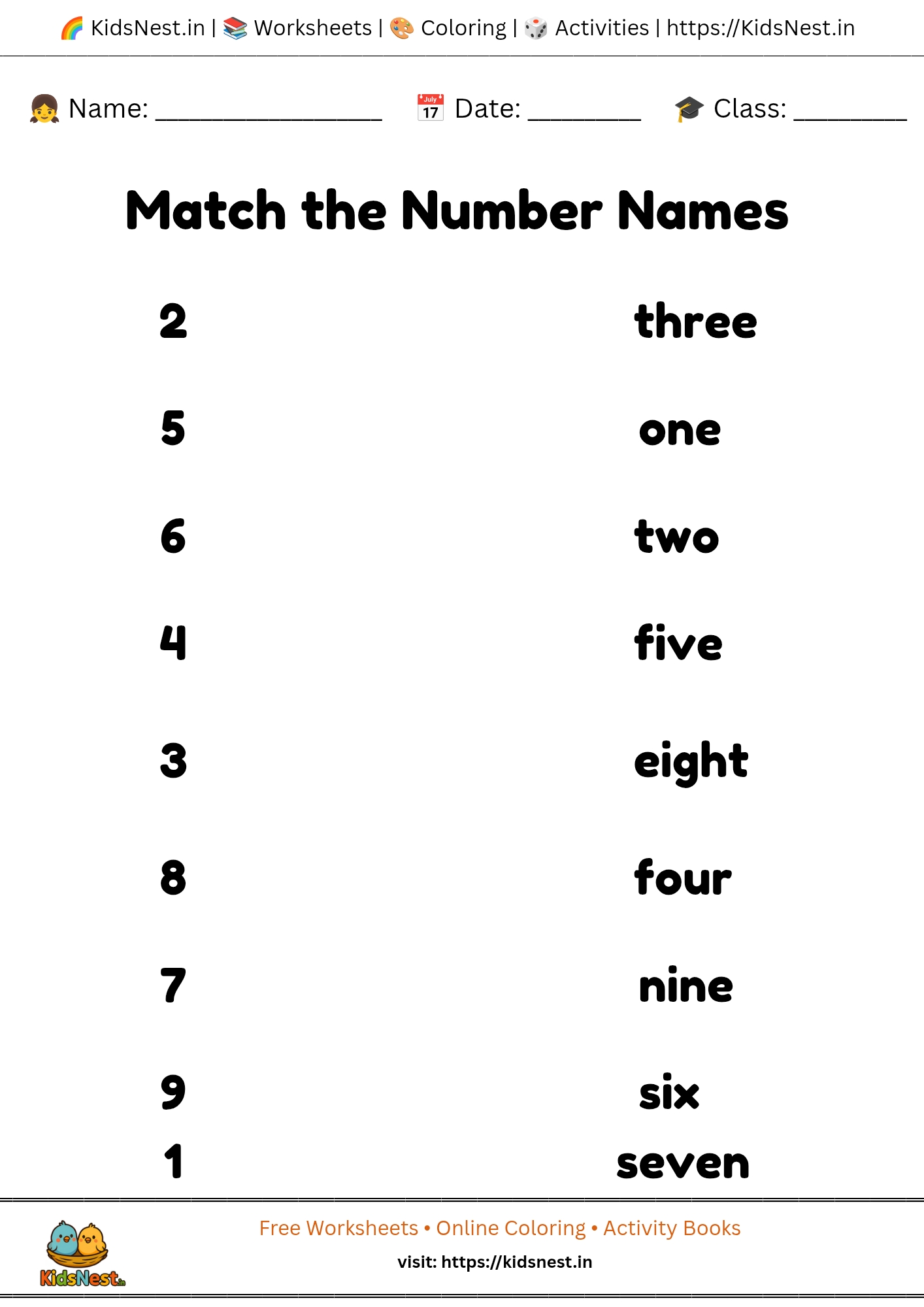 Number Name Matching Activity | Printable Worksheet for Kids