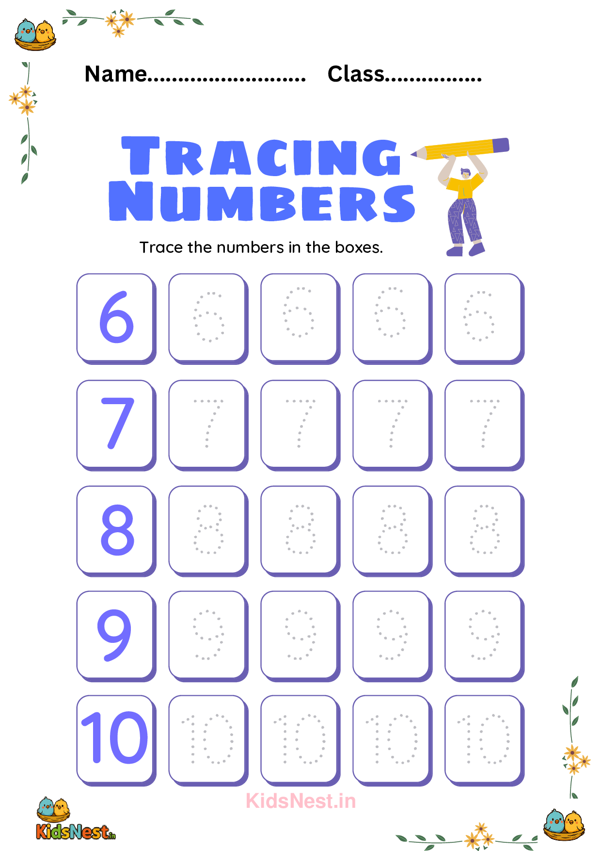 Printable Number Tracing 6-10 Worksheets for Kids